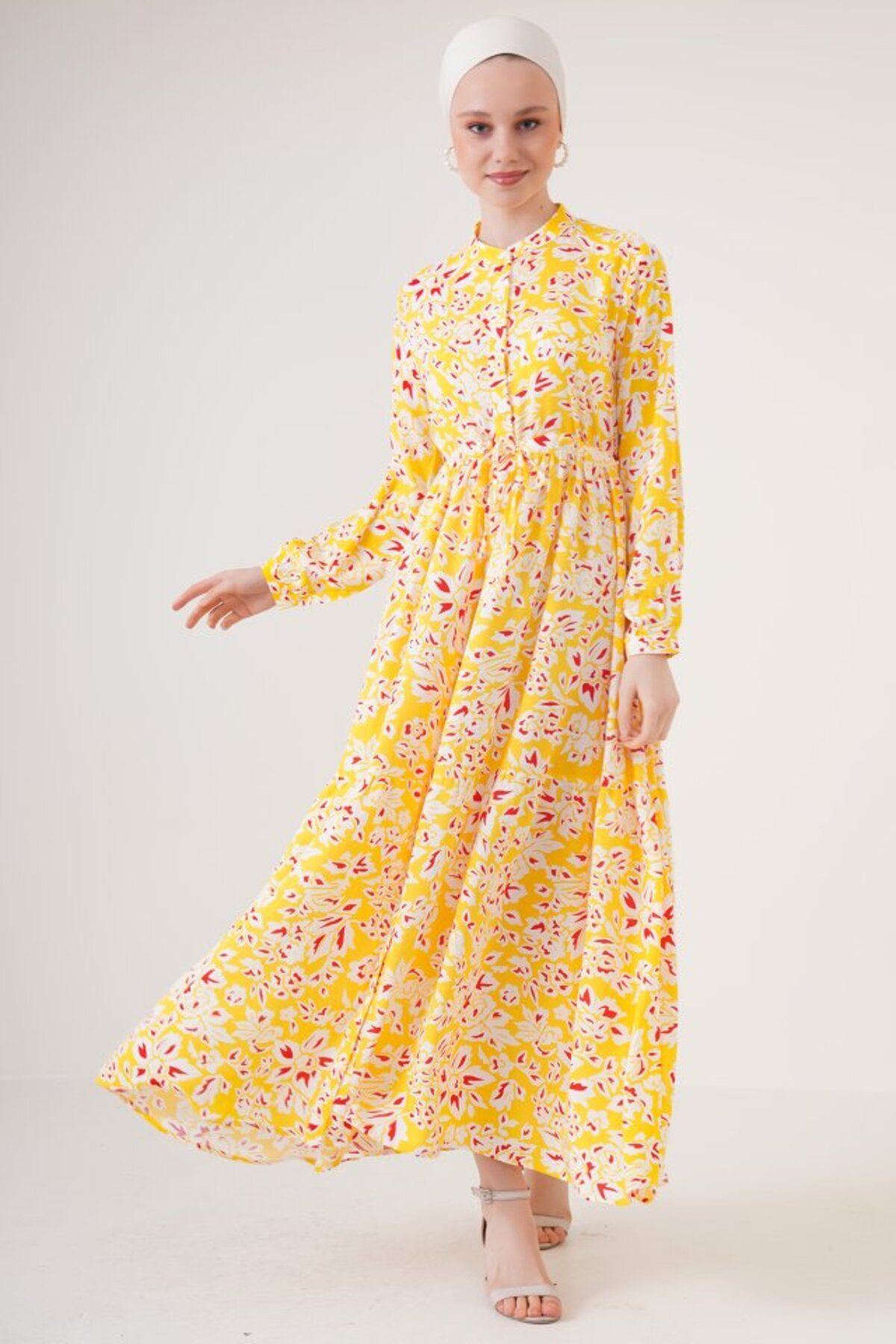 moda wanilia 2144 Hakim Yaka Tesettür Elbise - Sarı