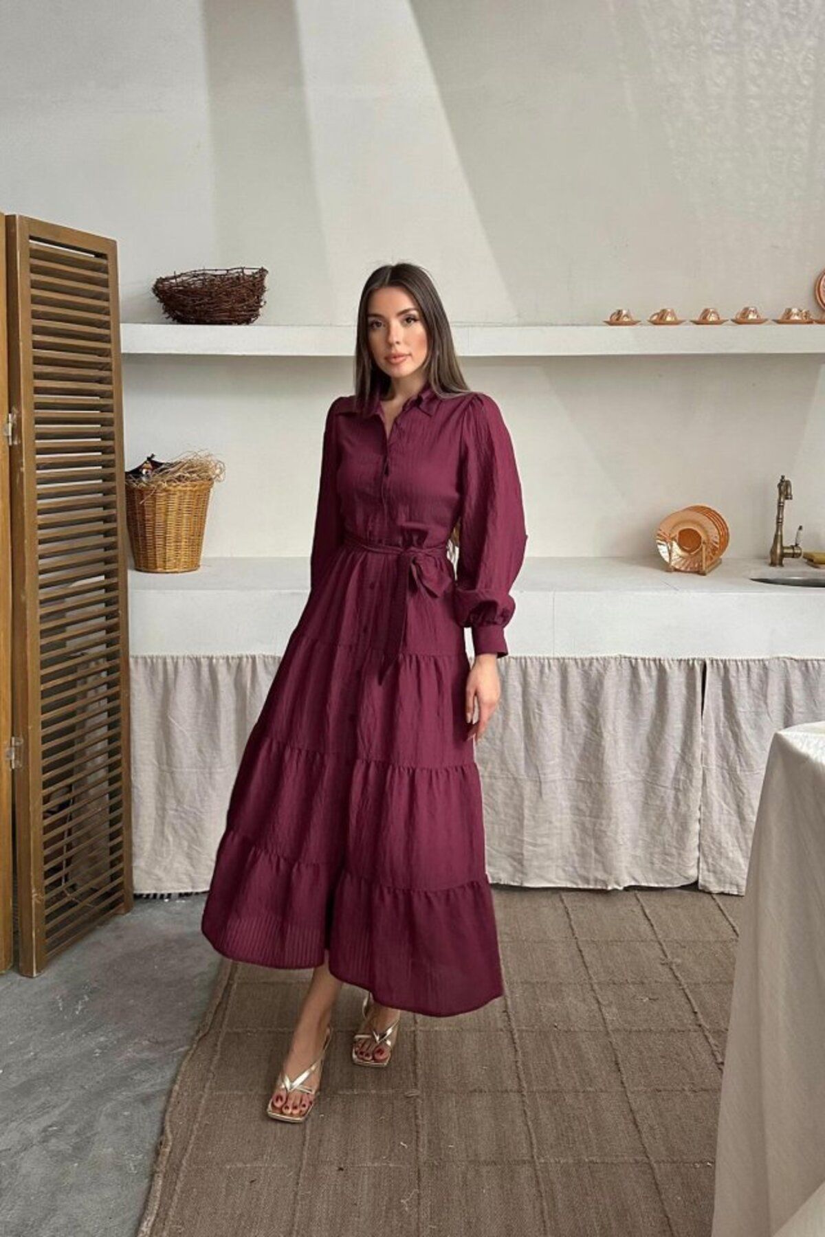 TUA MODA TUA MODA Bordo Çizgi Desenli Uzun Elbise