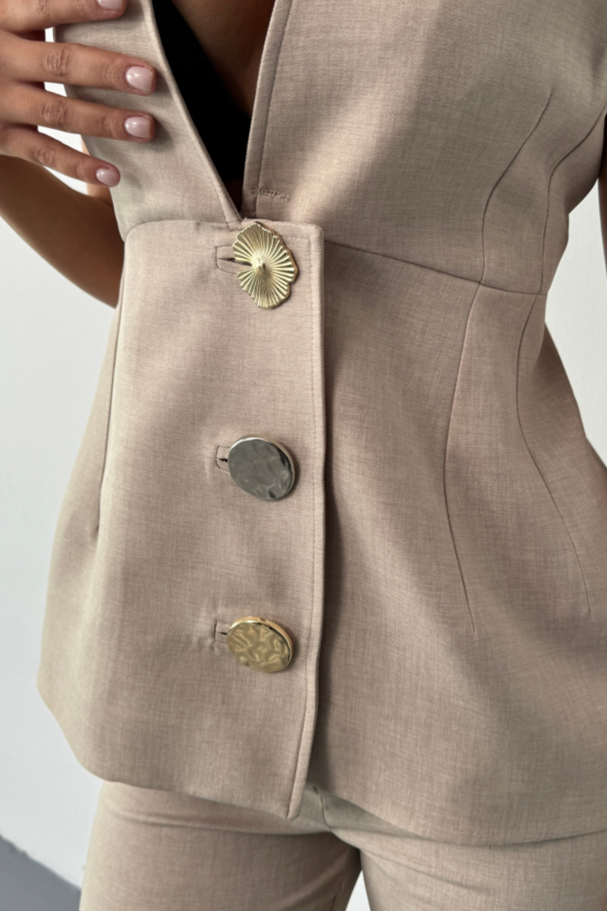 AKNButik-Linen Gold Buttoned Vest - Pants Tk - Beige 4