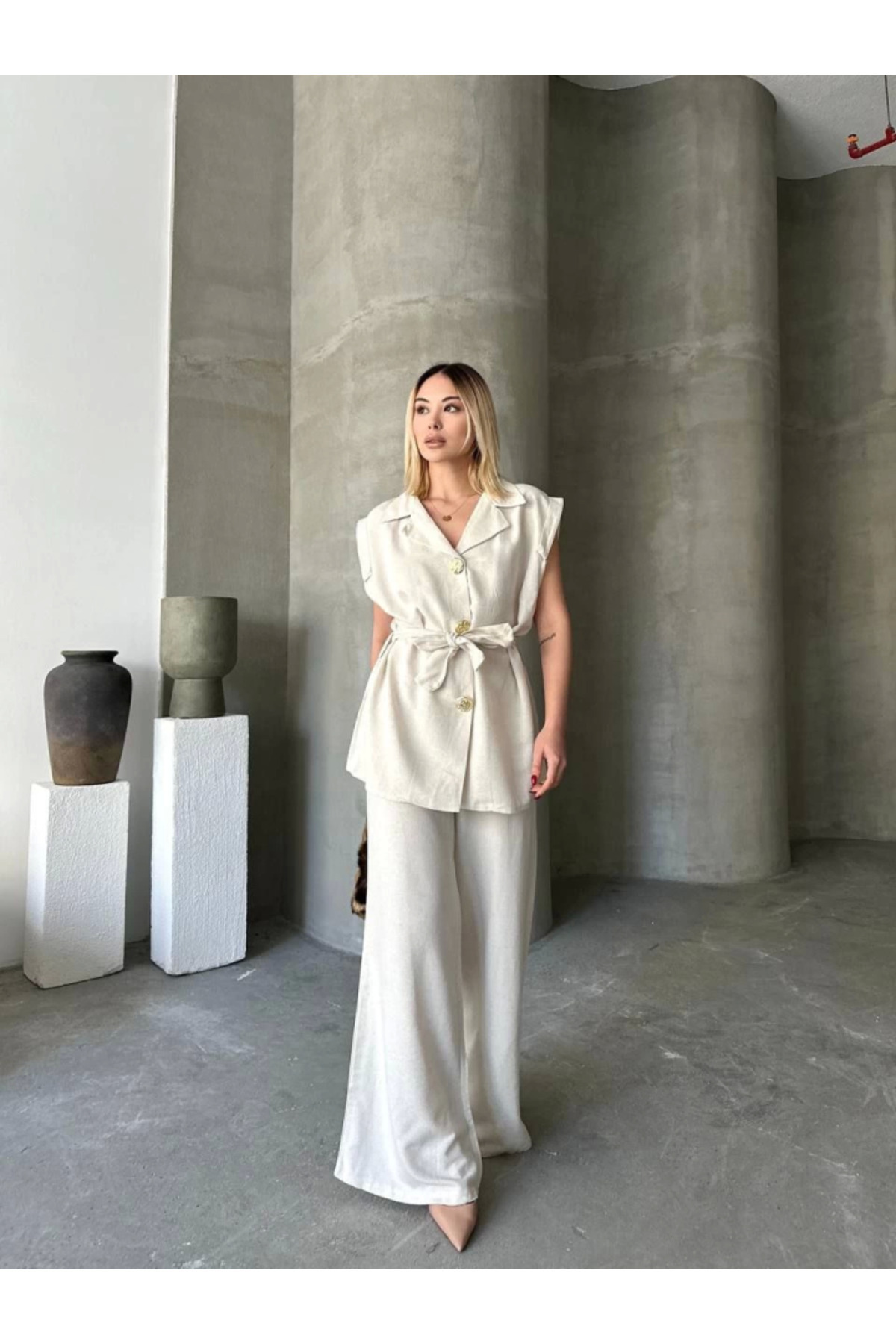 JANES-Linen Zero Sleeve Belted Jacket Trousers Double Set - White 3