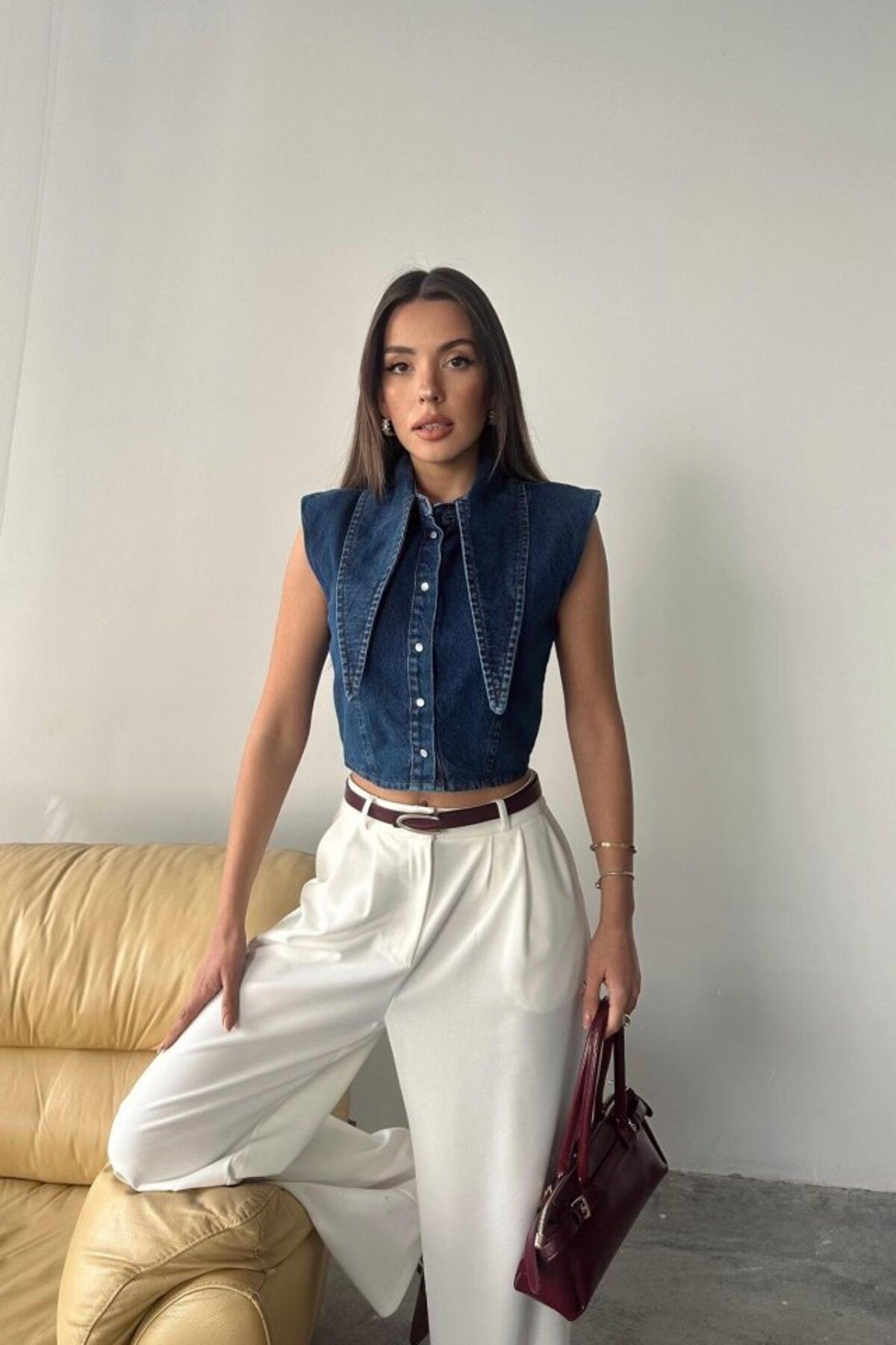 Albayrak Mavi Yaka Detaylı Denim Crop