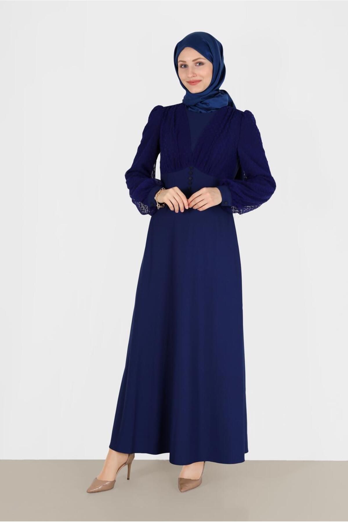 لباس دکمه دار با جزییات توری با نقطه پولکا روی آستین 42334 Alvina