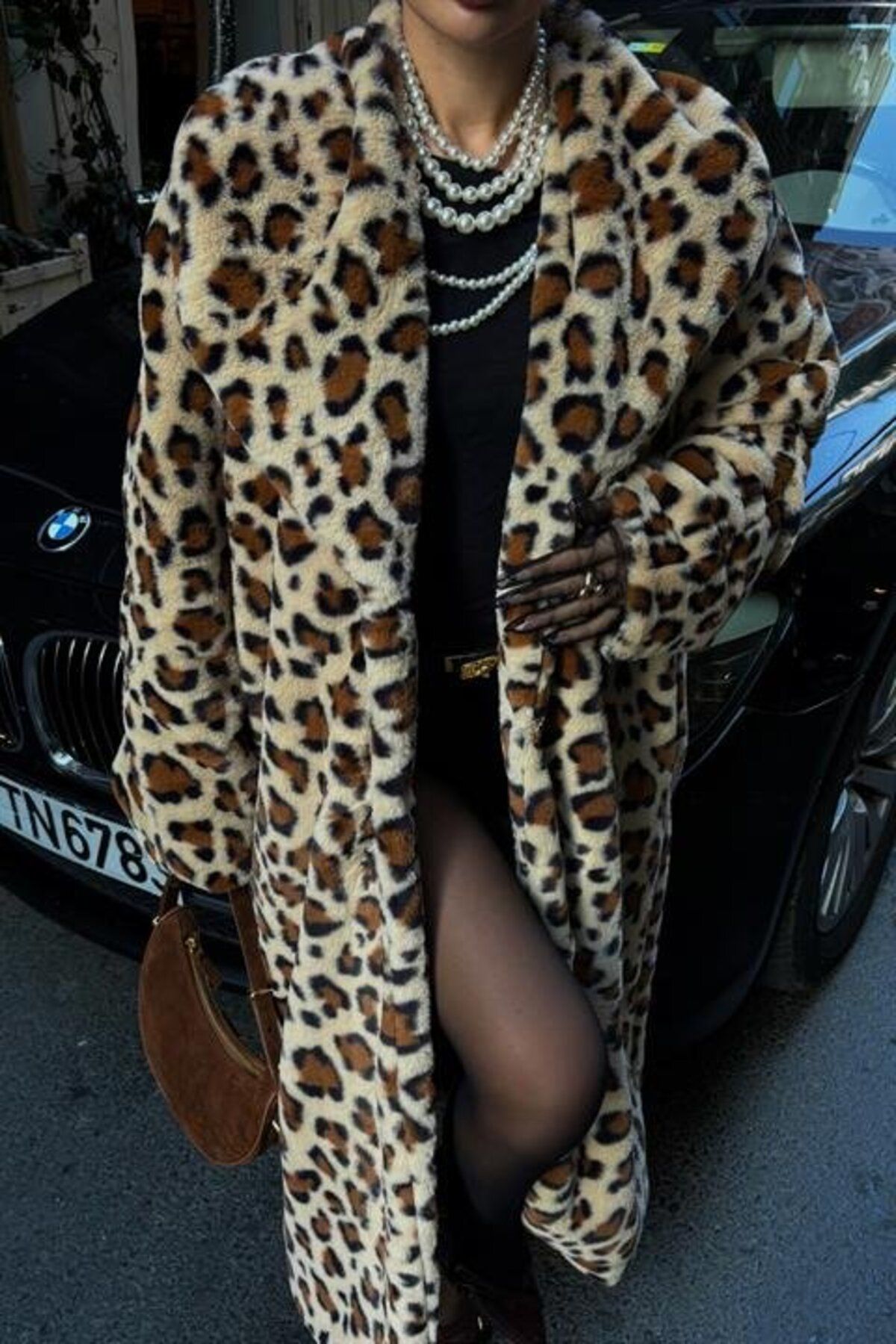 Gökyüzü Moda-Leopard Patterned Lined Plush Coat 7065 6