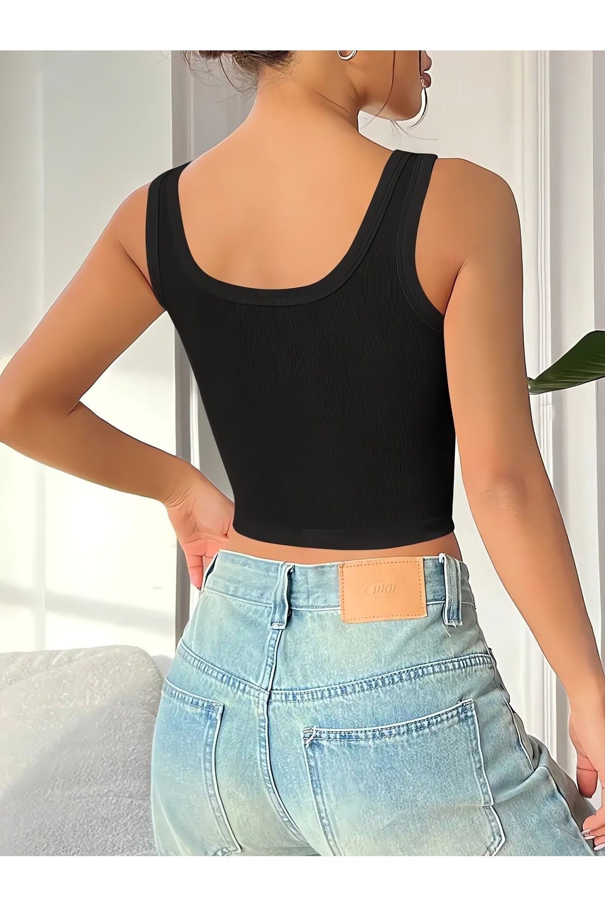 SHİBA-Crop Bluză cu nervuri cu guler pătrat Atlet negru 3