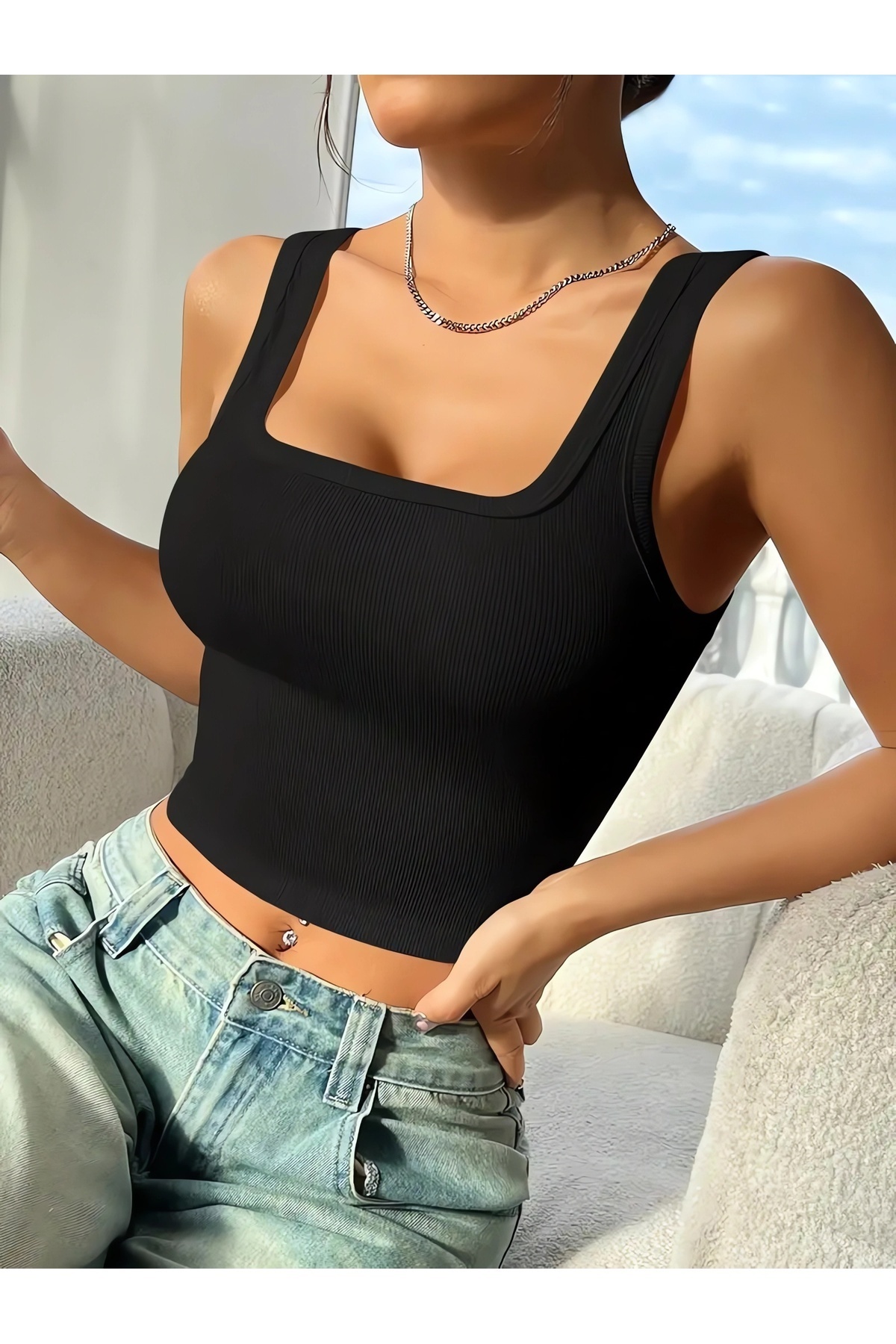 SHİBA-Crop Bluză cu nervuri cu guler pătrat Atlet negru 2