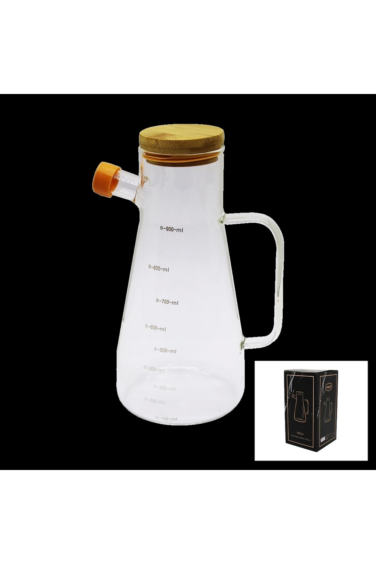 Miravm Damlatmaz Cam Yağdanlık Bambu Kapaklı Ölçekli 900ml (4172)