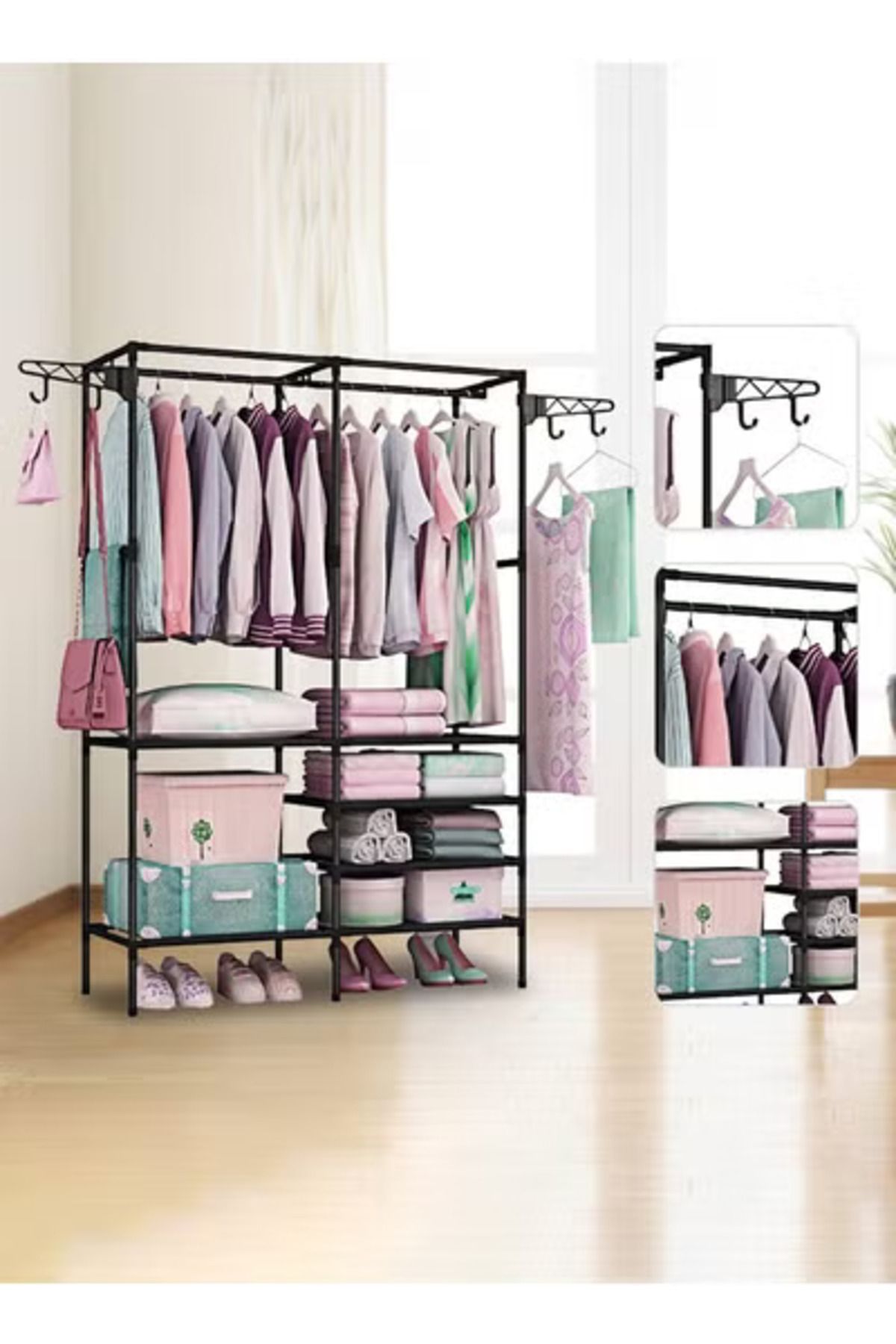 Taimi-Metal Clothes Organizer Multi-Functional With Two Sections And Poles For Hanging Clothes Black 2