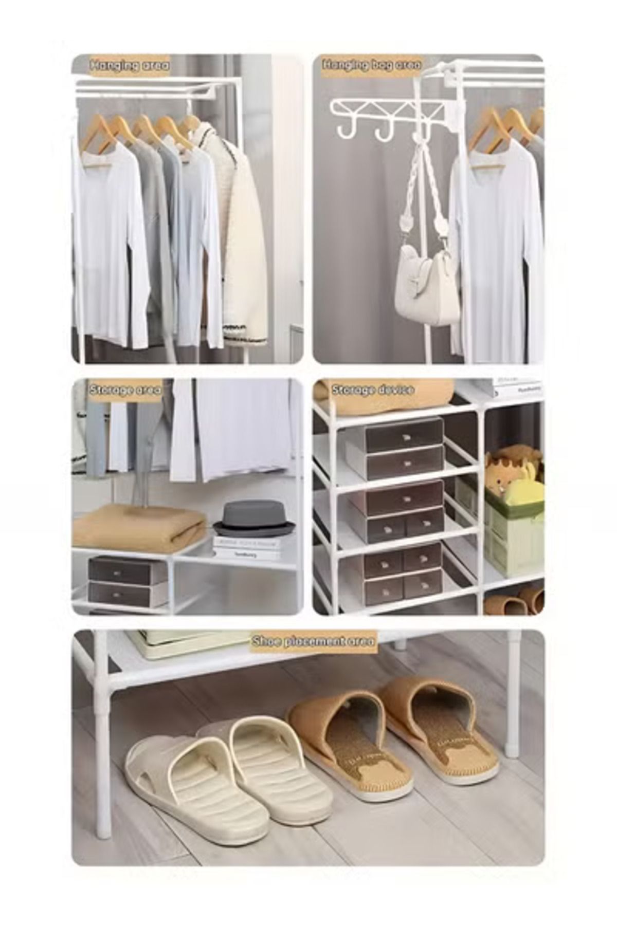 Taimi-Metal Clothes Organizer, Multi Functional With Four Sections And Poles For Hanging Clothes White 3