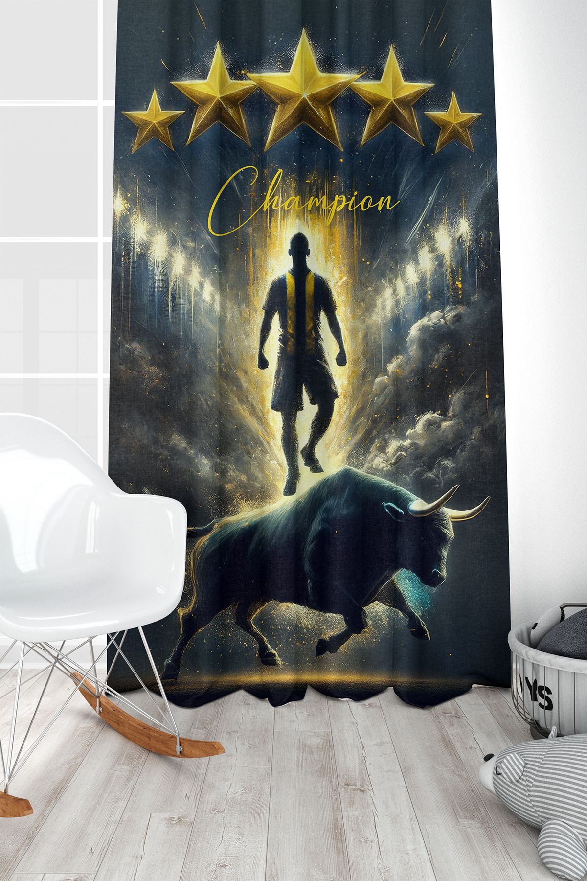 Bertille Home-Children's and Baby's Room Yellow Navy Blue Fan Football Series Background Curtain Single Wing (Curtai̇n) 1
