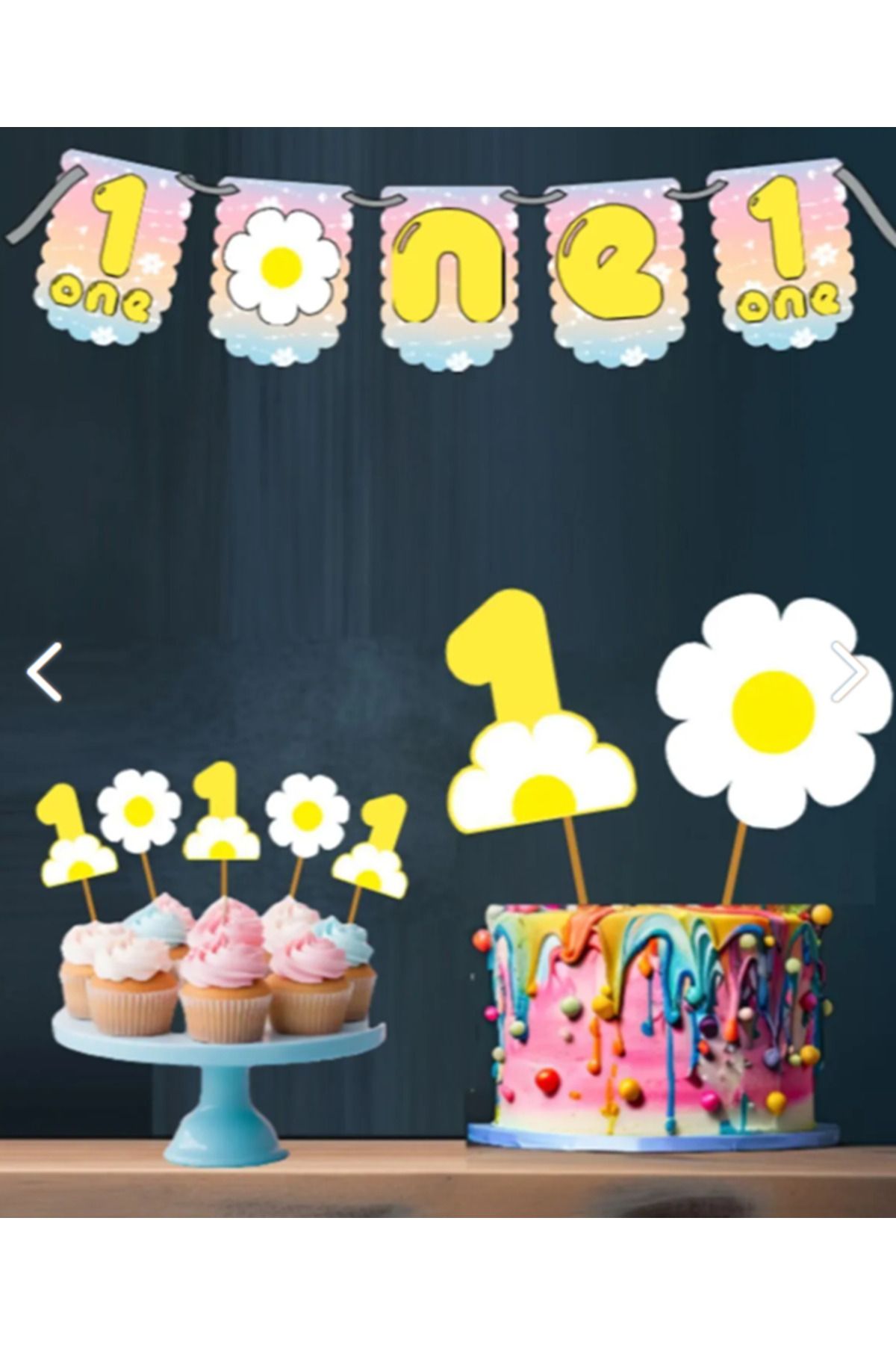 Hiras Dizayn 1 Yaş Doğum Günü Süsü Banner + Pasta Süsü + Cupcake Kürdani Papatya Temalı 3 Lü Set One