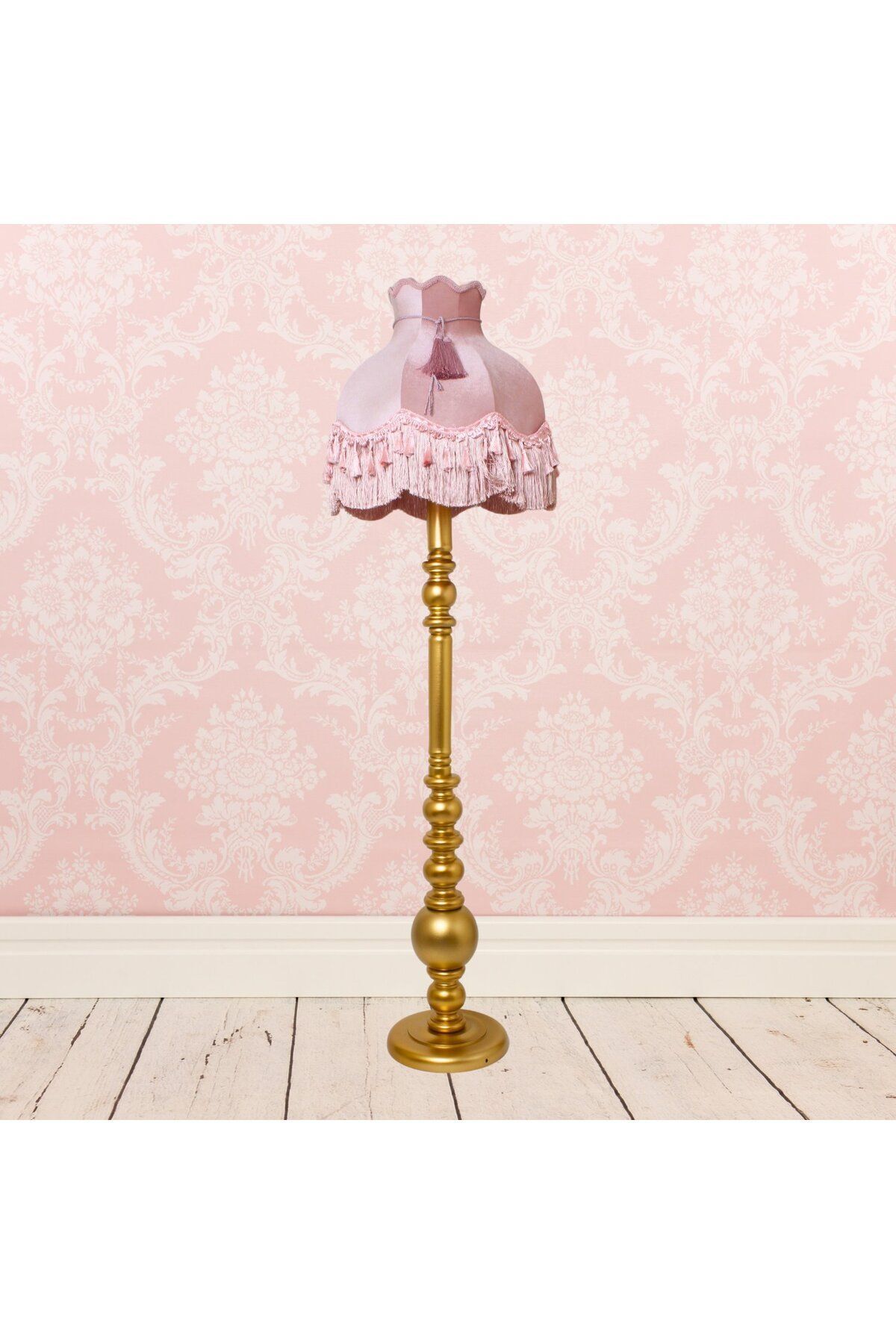 teknotrust Vintage Ahşap Gold Ayak Pudra Pembe Lambader Püskül Süsleme 170x45cm Lm10422