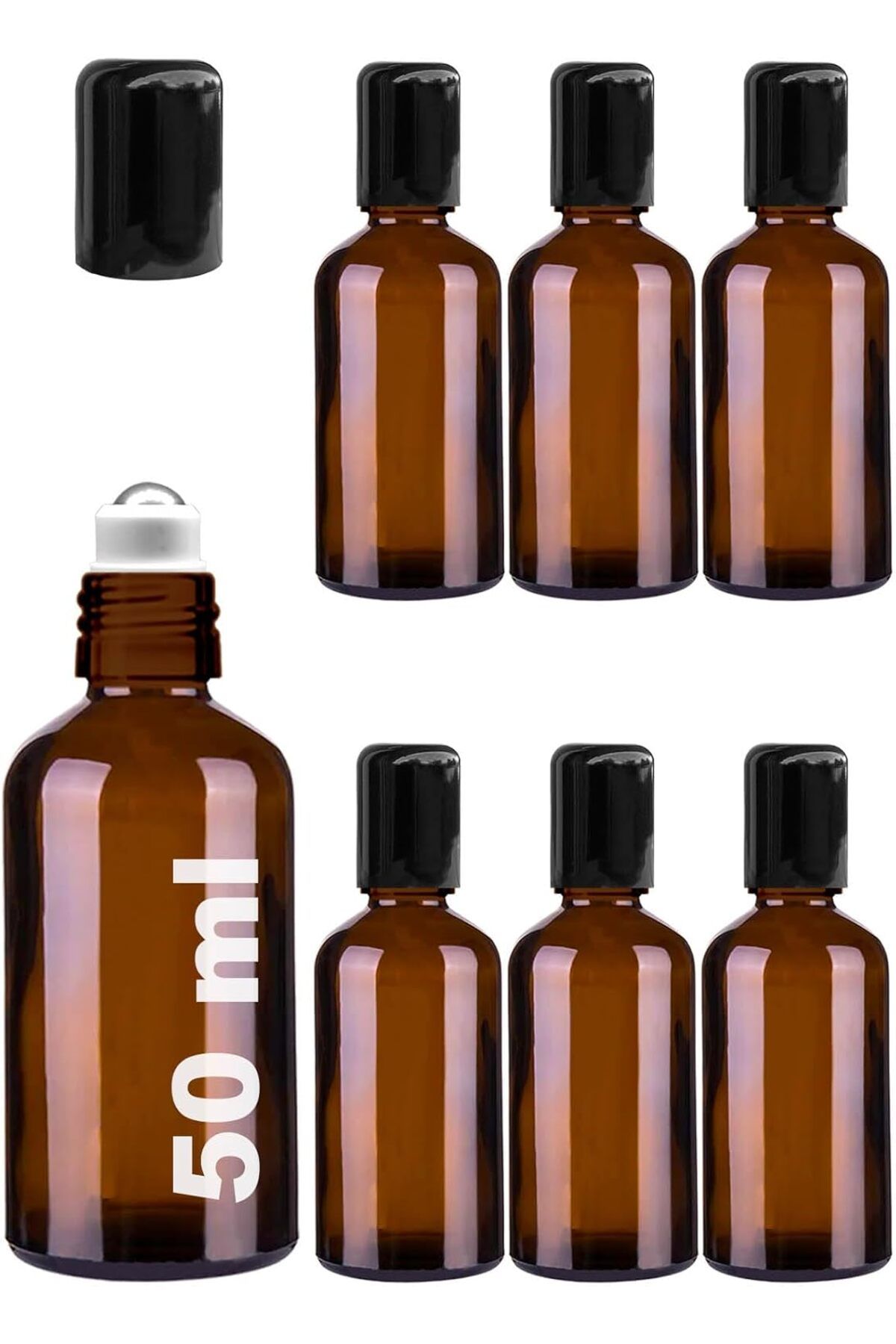 ÇAĞUR çağur 50 ml Çelik Roll On Şişesi 50 cc Sızdırmaz Siyah Kapaklı Cam Şişe 6 Adet (Amber, 50)