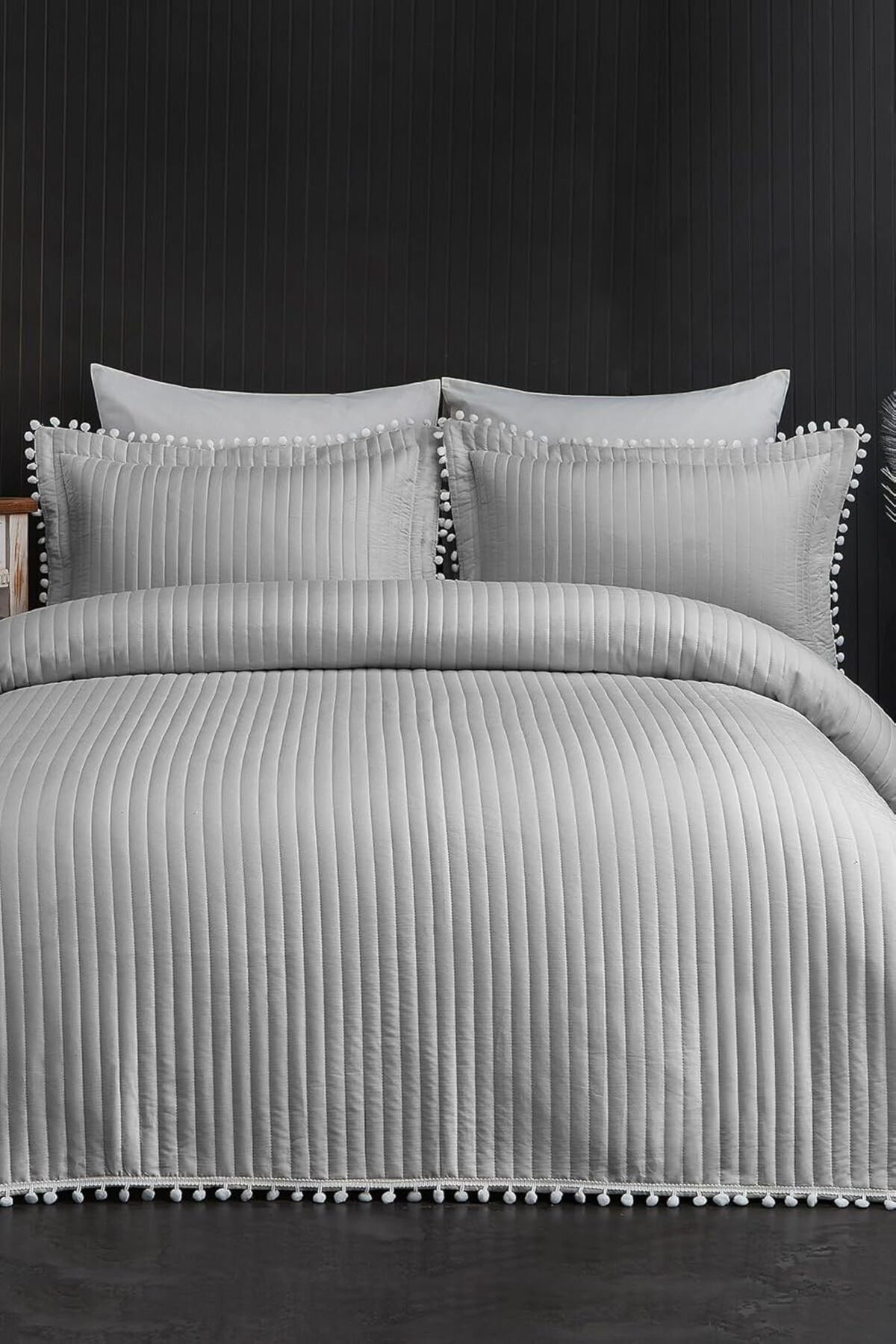 ÇAĞUR Home Collection Kapitone Ponpon 3 Parça Yatak Örtüsü Ç.K Gri
