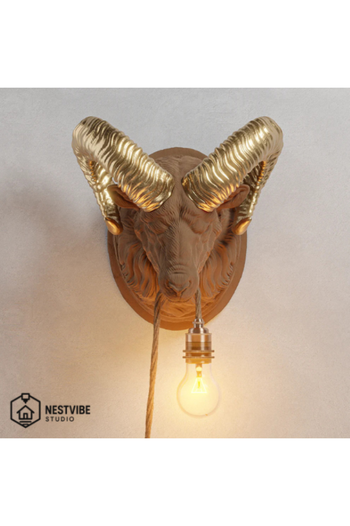 Dekoratif Altın Boynuzlu Koç Başlı Duvar Lambası Şık ve Modern Aydınlatma