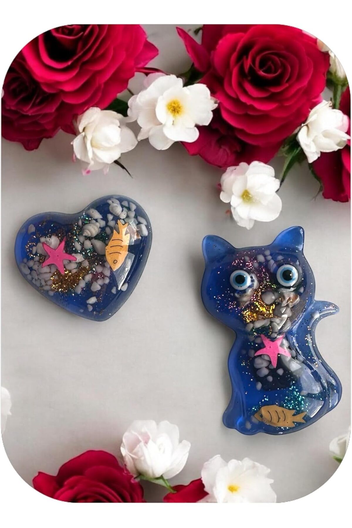 KDROĞLU KDROGLU Temalı magnet set, Mavi Kedi ve Kalp Şeklinde, Balık ve Deniz Yıldızı Desenli, 2 Parç