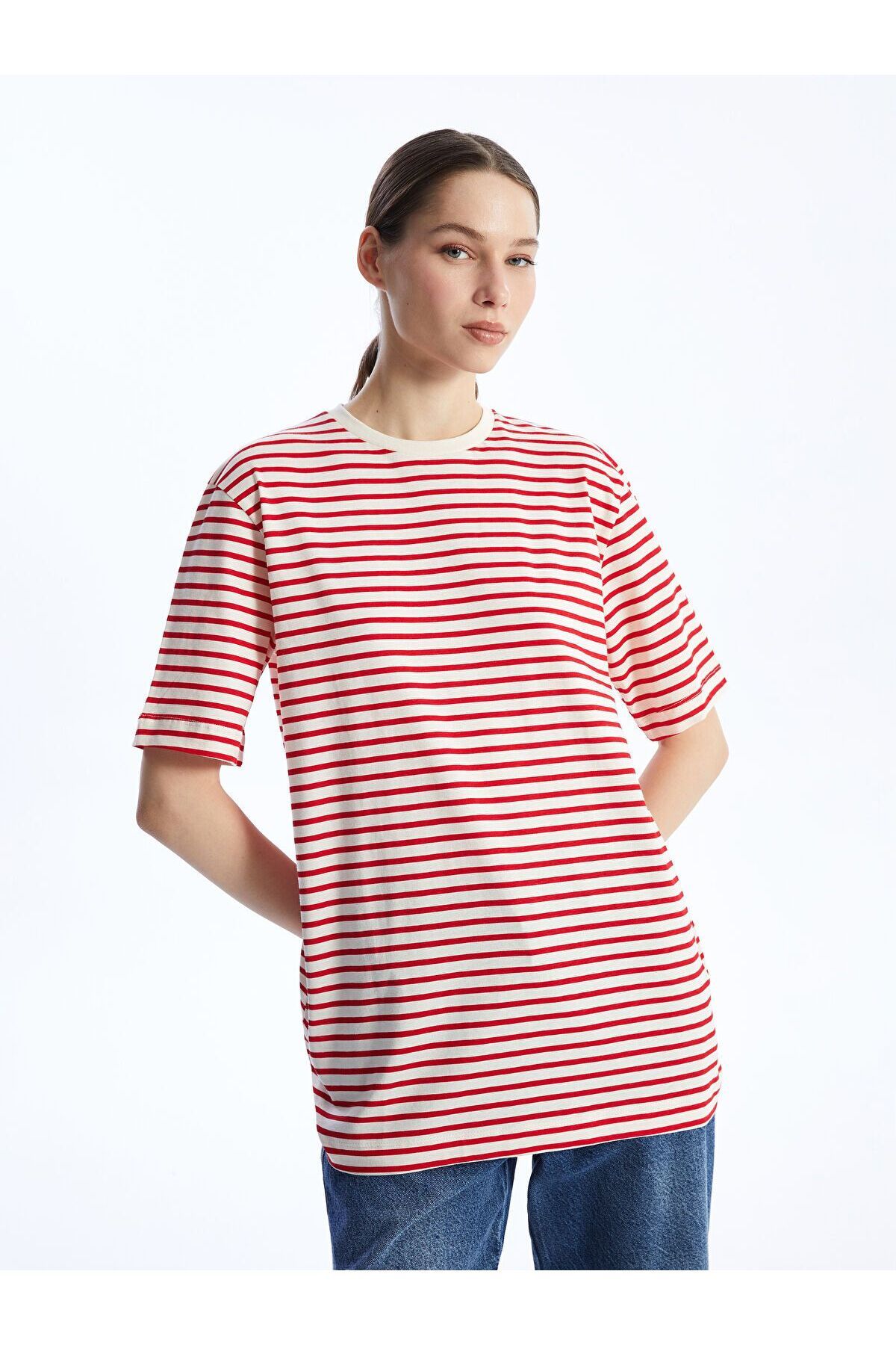 LC Waikiki Bisiklet Yaka Çizgili Kısa Kollu Oversize Kadın Tunik