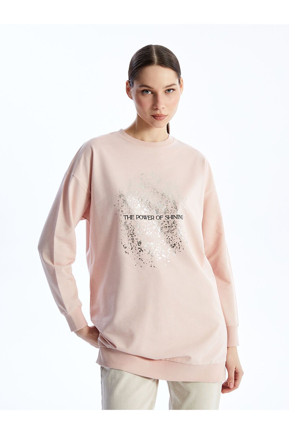 LC Waikiki Bisiklet Yaka Baskılı Uzun Kollu Kadın Sweatshirt Tunik