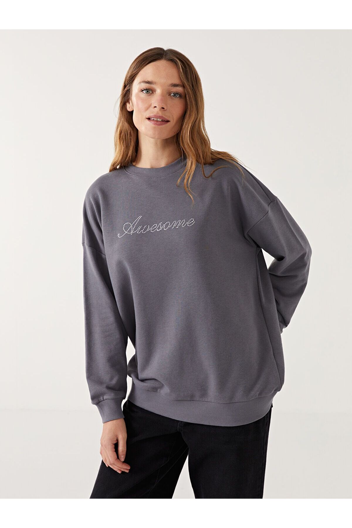 LC Waikiki Taşlı Oversize Kadın Sweatshirt Tunik