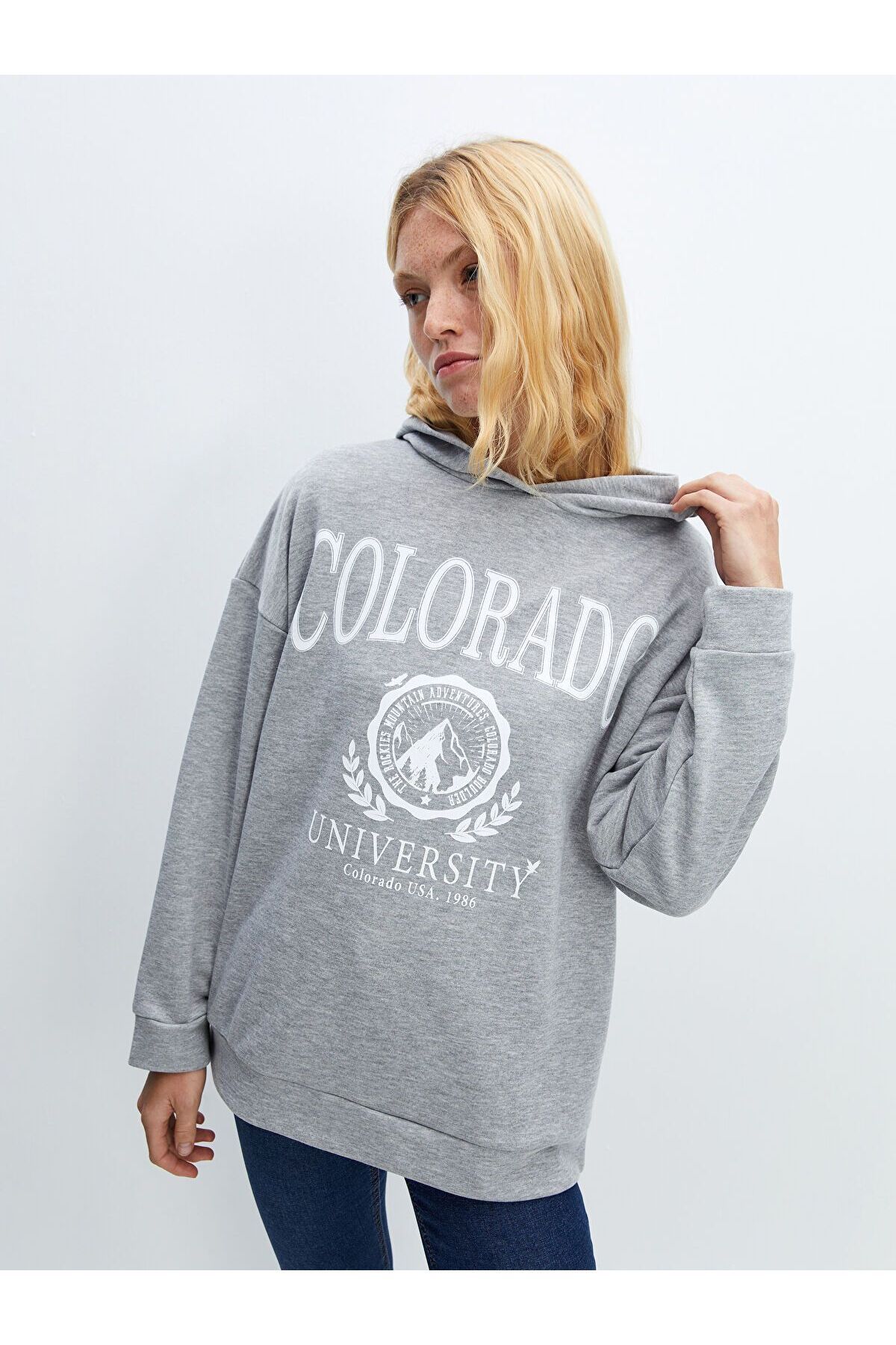 LC Waikiki Kapüşonlu Baskılı Oversize Kadın Sweatshirt Tunik