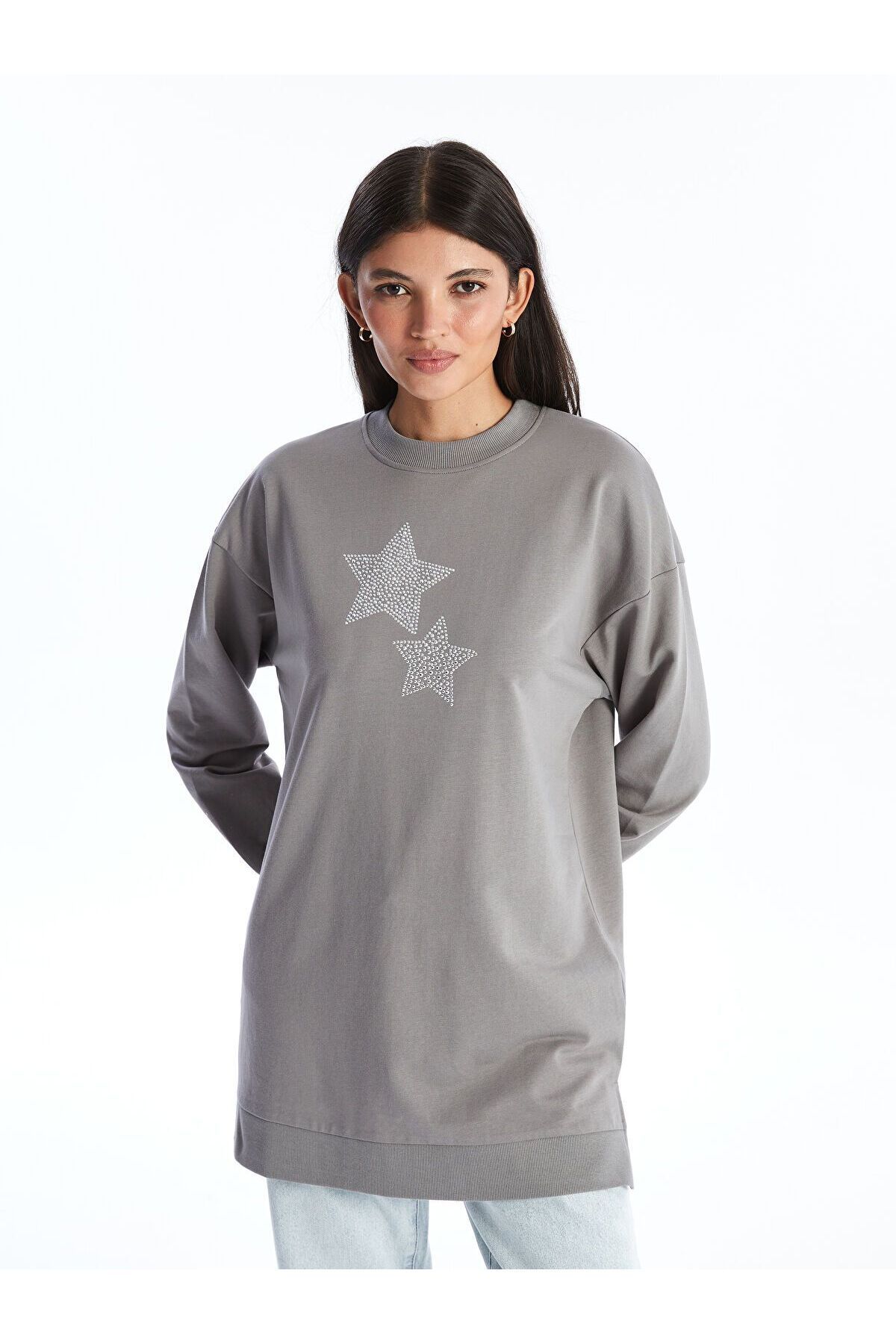 LC Waikiki Bisiklet Yaka Taşlı Kadın Sweatshirt Tunik