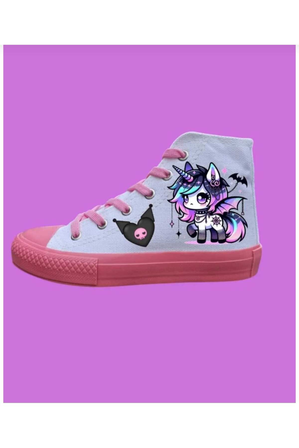 bhk desing Morlu boynuzlu pembe taban keten kız çocuk kanvas spor ayakkabı sneaker