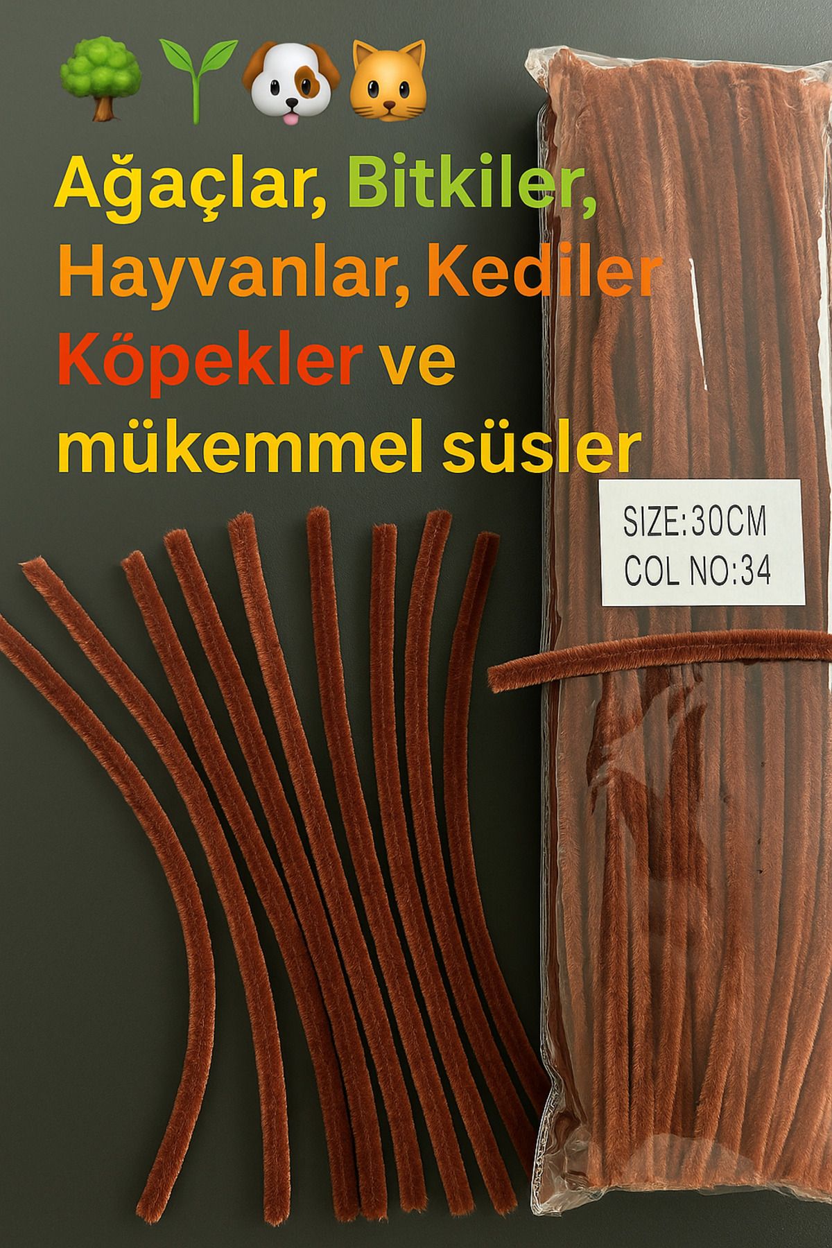 KARAASLAN "50 Adet Kahverengi Şönil Çubuk | El İşi ve Hobi Malzemesi | 30 cm Yumuşak Tel"