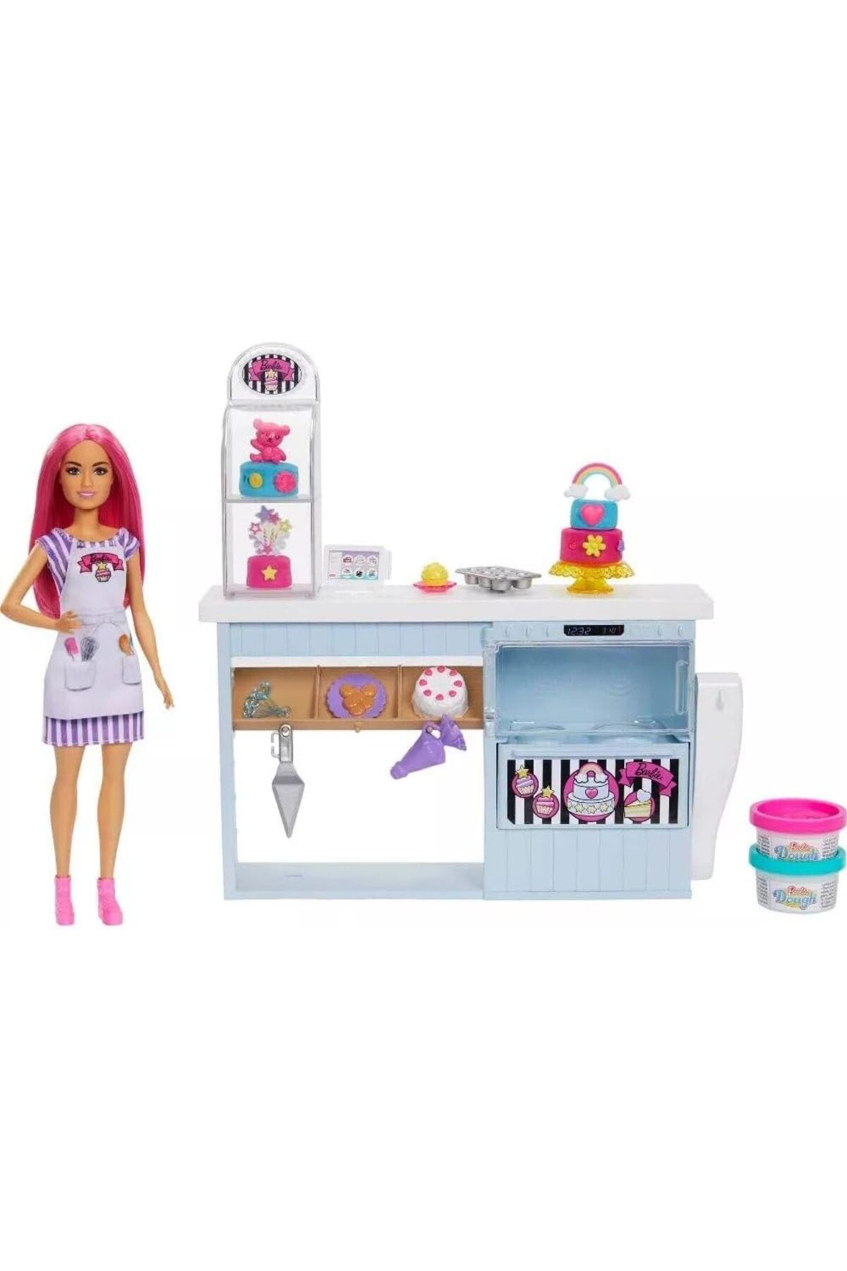 Mu Art Ahşap Mrt Pasta Dükkanı Oyun Seti ve Pembe Saçlı 30 cm Minyon Bebek, Fırın Standı, Pasta Yapma Öze