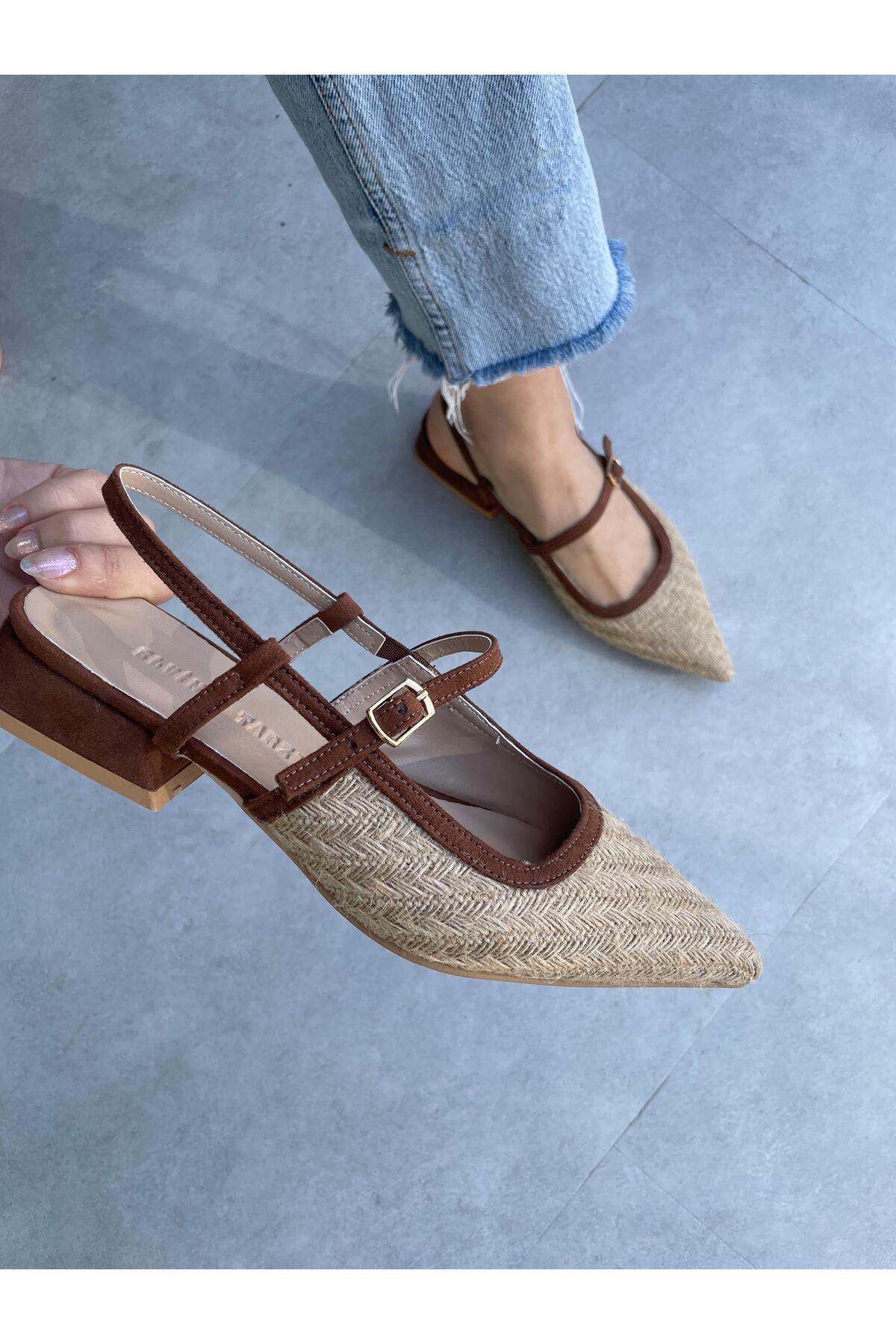 Elvinin Tarzı  Lexa Sivri Burun Hasır Taba Süet Topuklu Ayakkabı - Görsel 3