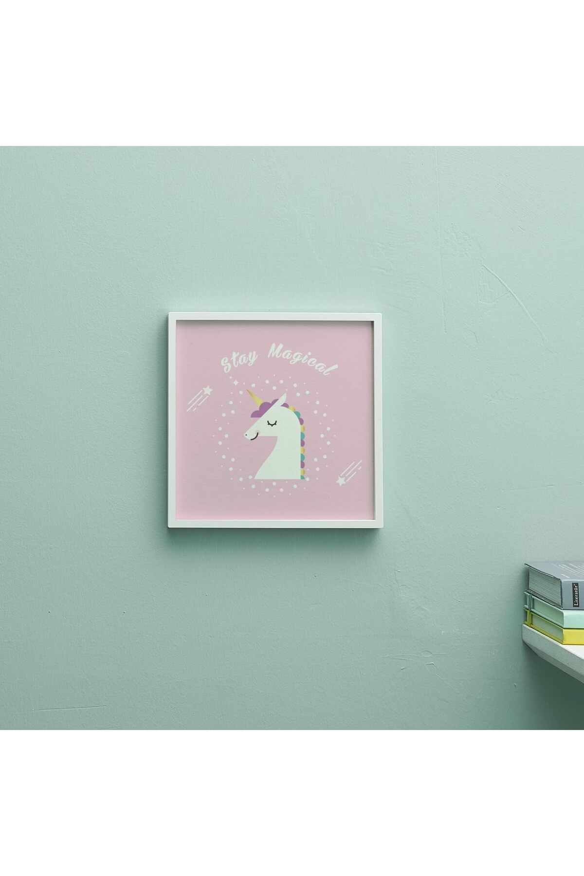 Mu Art Ahşap Mrt Bebek Odası Dekorasyonu, Yapışkanlı ve Çıkarılabilir, 20x20cm Unicorn Temalı Çerçeve A