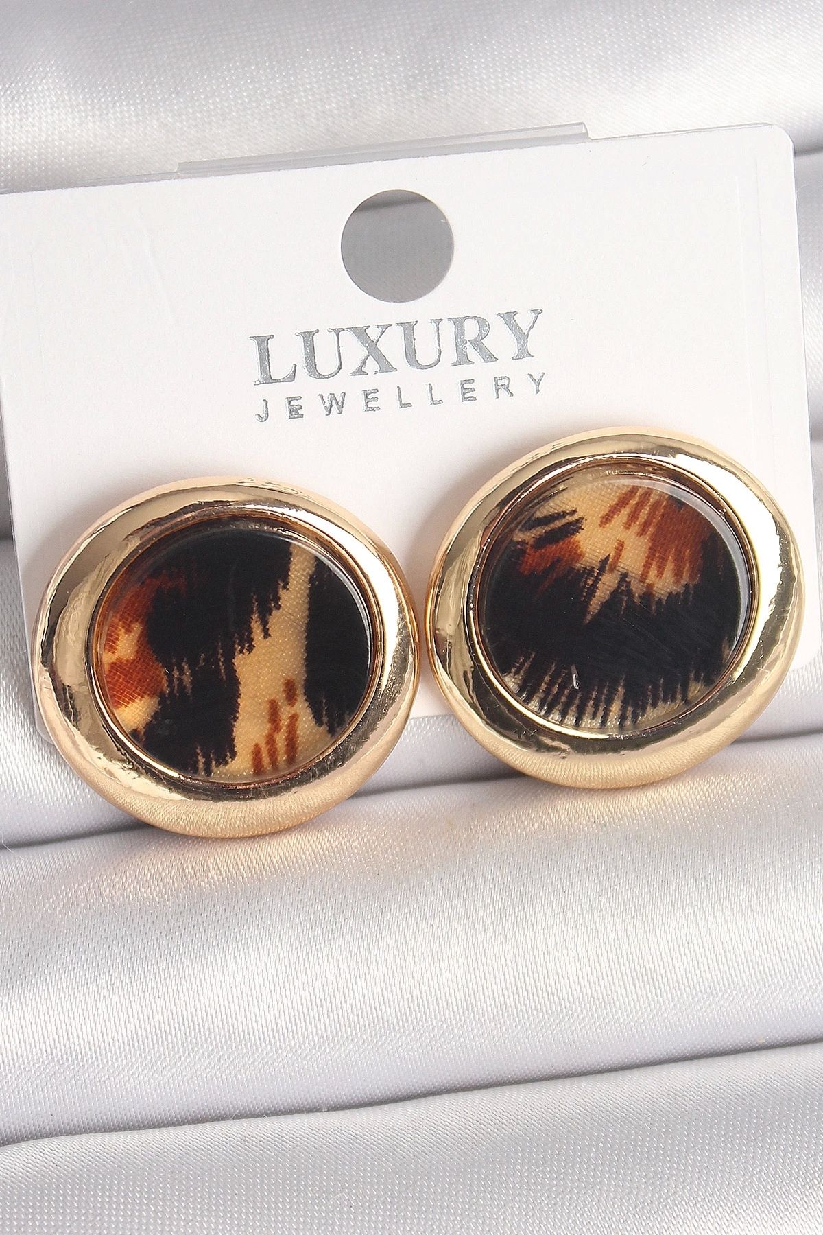 Clariss Pirinç Gold Renk Leopar Desen Daire Model Kadın Küpe