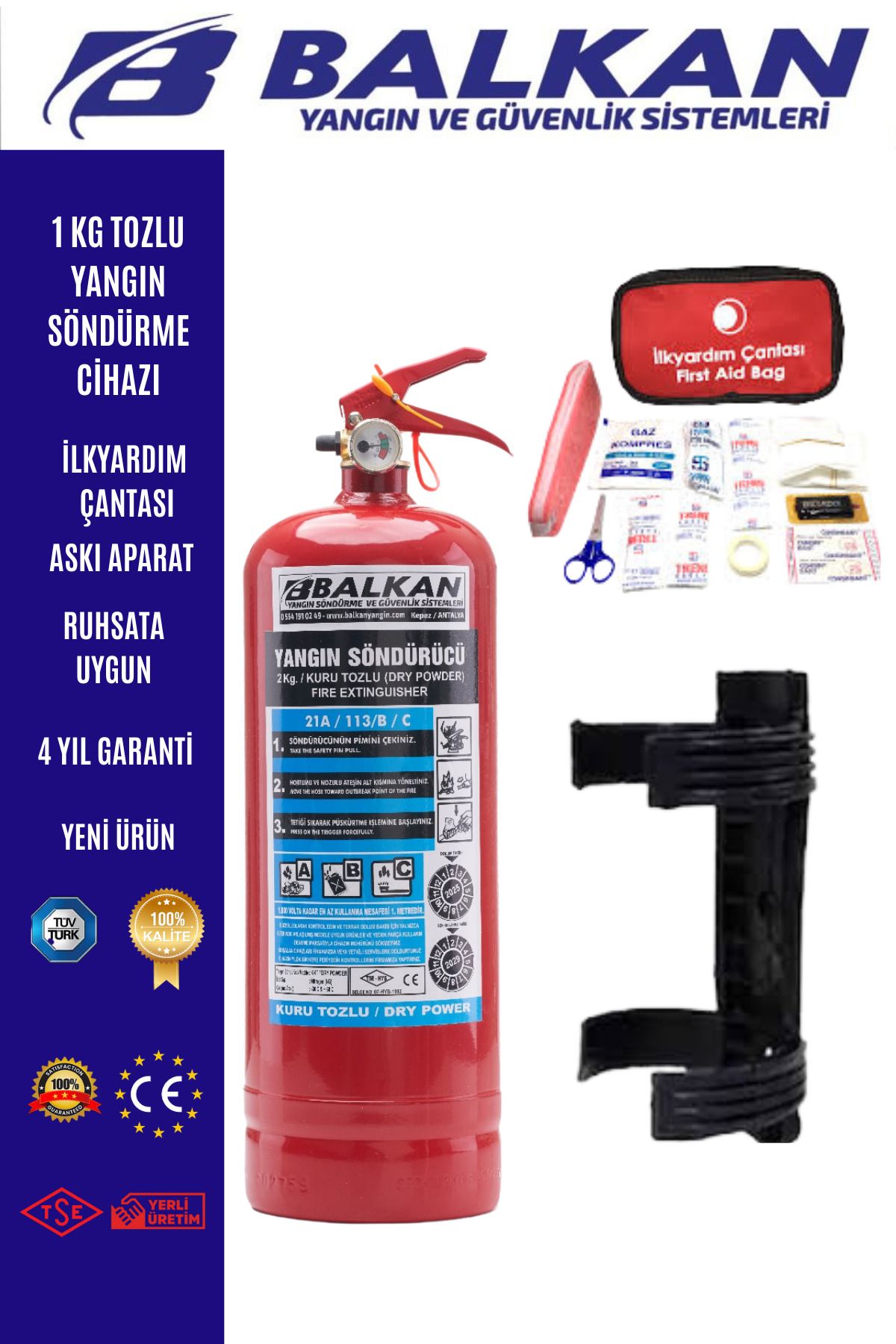Balkan Ticaret 1 kg yangın söndürme cihazı+İlkyardım seti+Askı aparatı