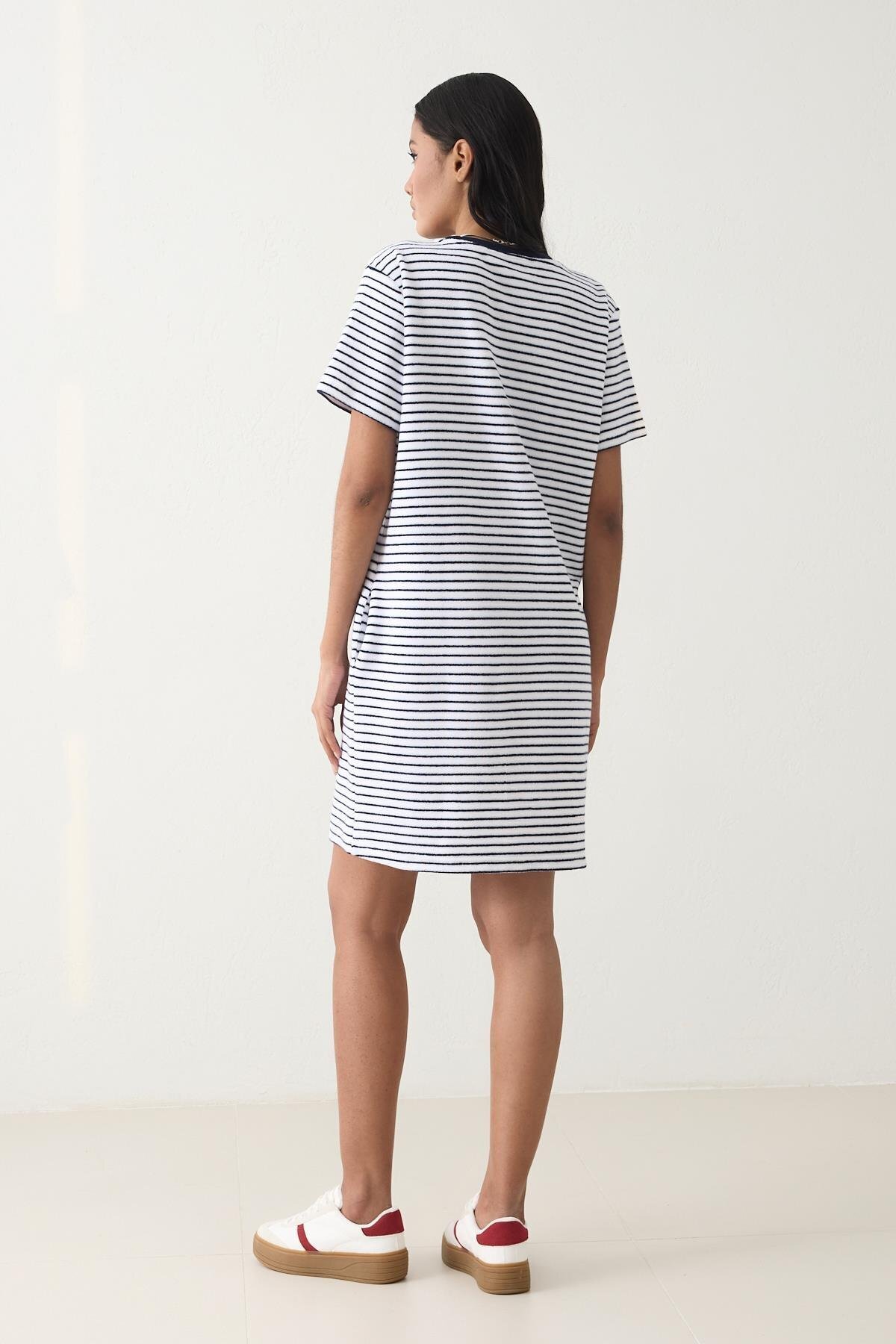 Setre-Ecru - Navy Blue Collar Embroidery and Towel Fabric Detailed Striped Crew Neck Short Sleeve Dress 5