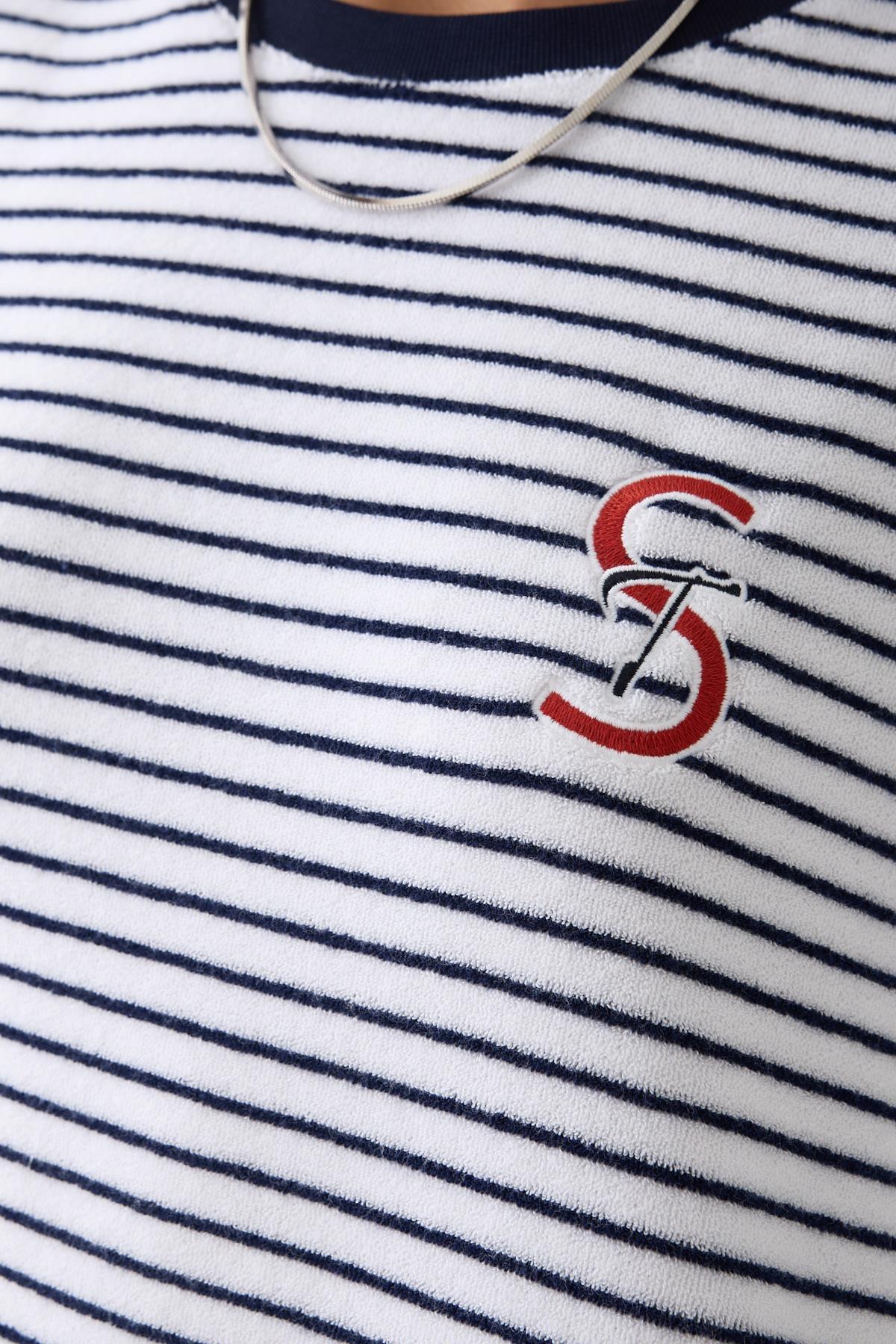 Setre-Ecru - Navy Blue Collar Embroidery and Towel Fabric Detailed Striped Crew Neck Short Sleeve Dress 4