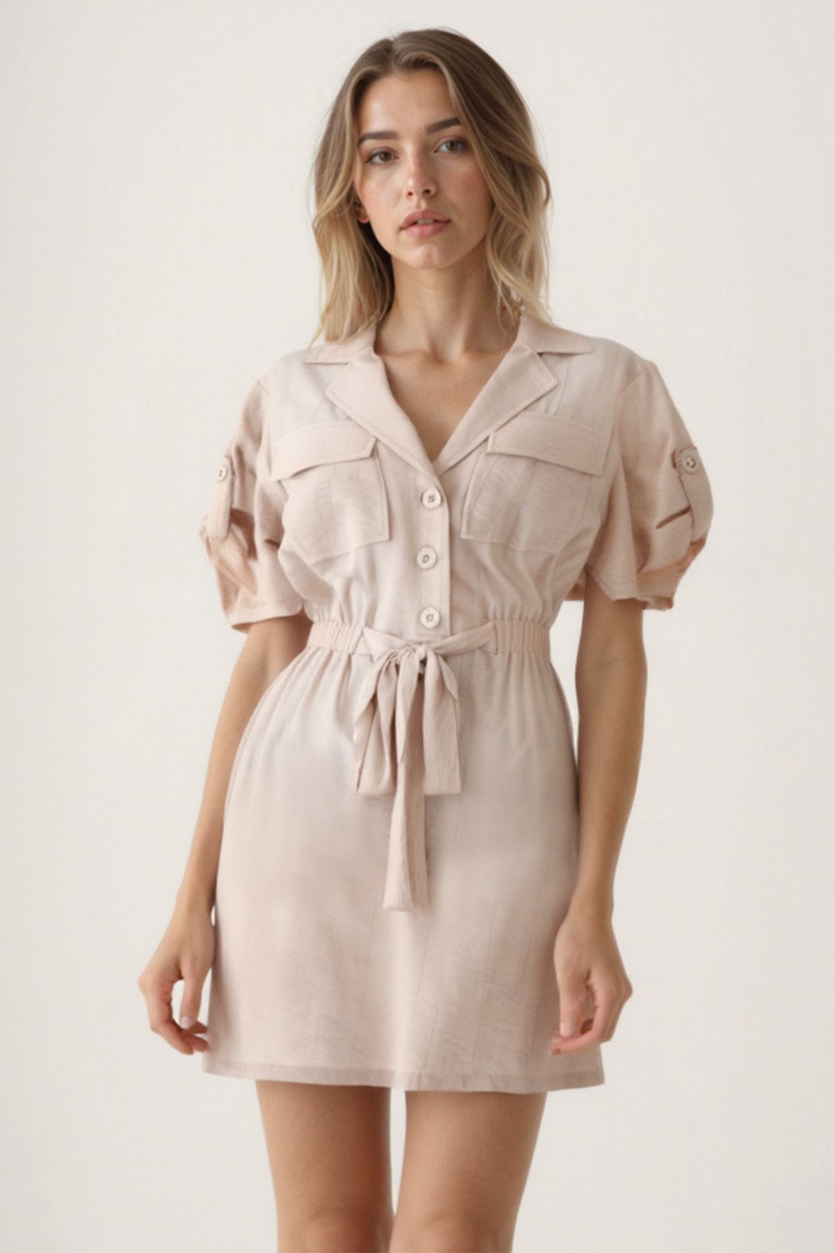 Vitrin-Tie Waist Cover Pocket Short Sleeve Crinkle Fabric Dress 2