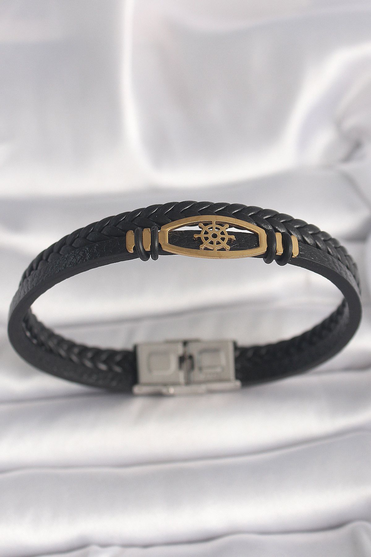 STİLLOVE 316L Çelik Gold Renk Gemi Dümen Figür Siyah Renk Çift Sıra Burgu Desenli Deri Kordon Erkek Bileklik