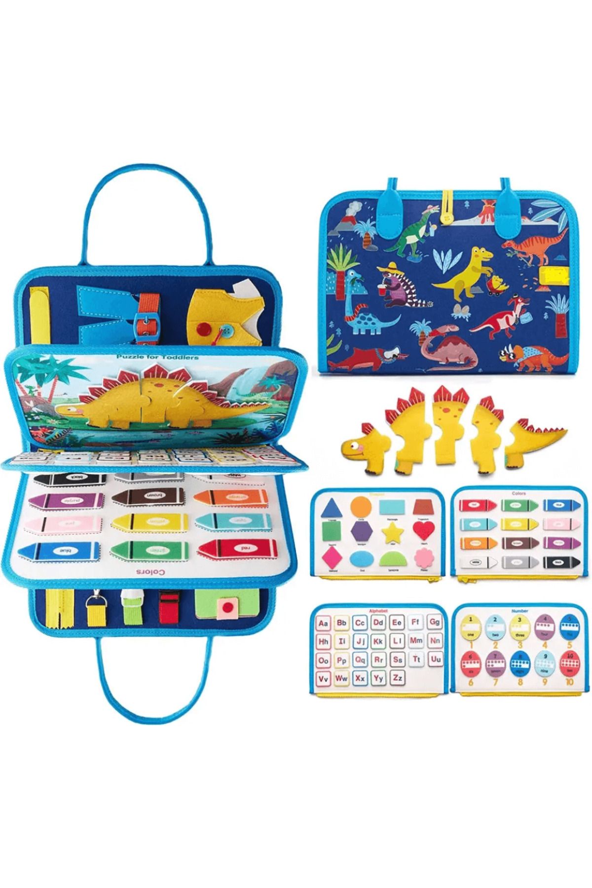 robokids Montessori Keçe Eğitim Çantası Busy Board- Mavi Dinazor 8 Sa