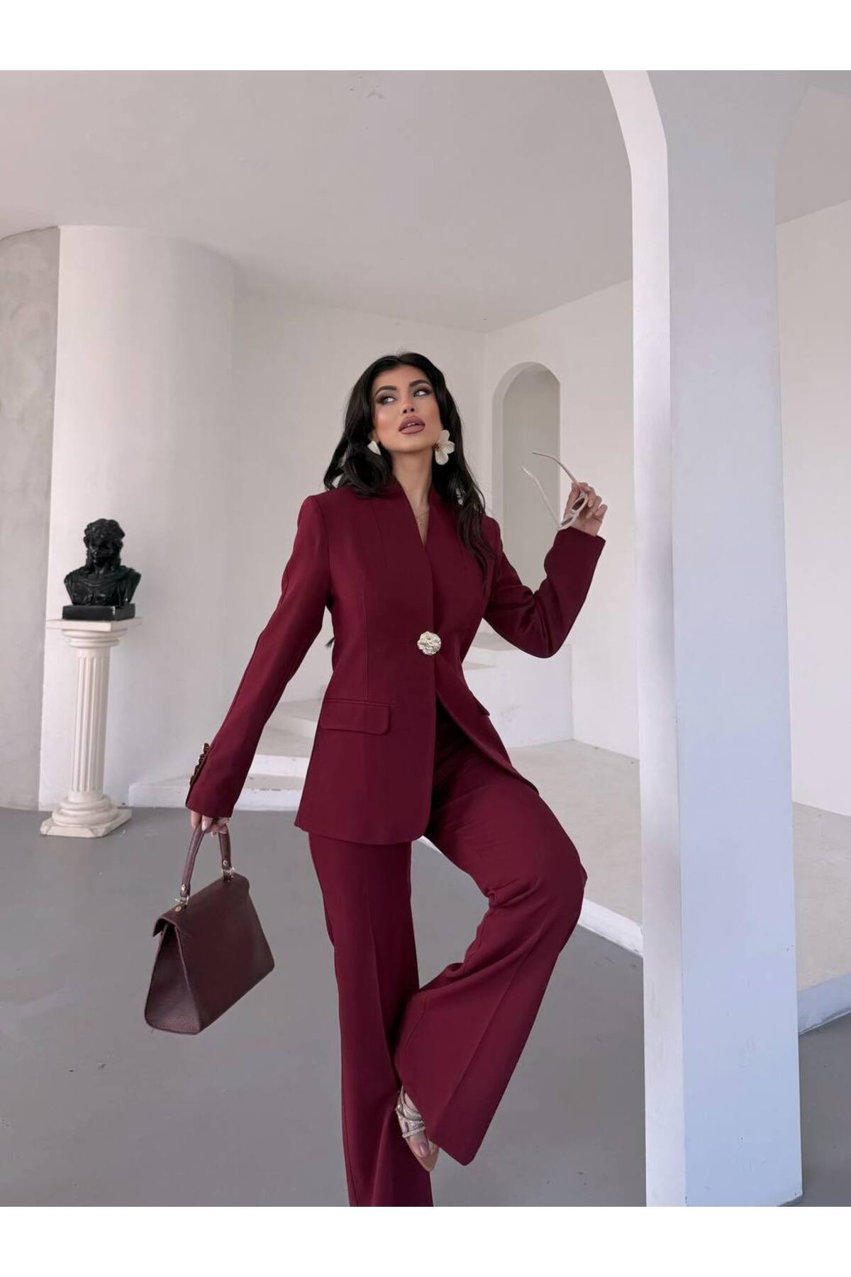 Bella Breeze Kadın Gold Kurabiye Düğmeli Blazer Ceket Palazzo Pantolon Takım Elbise