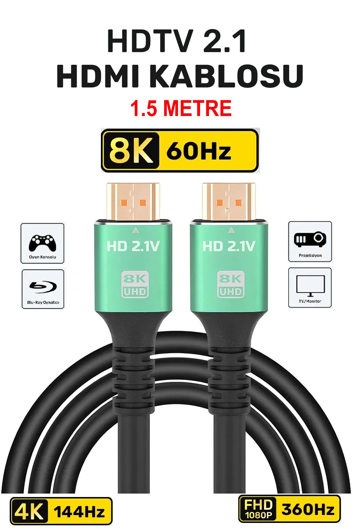 3117 Ultra Yüksek Hızlı 8k Hdmi 2.1 Kablo, 4k 144Hz Hdmi Kablosu 1.5 Metre Hdtv Kablosu