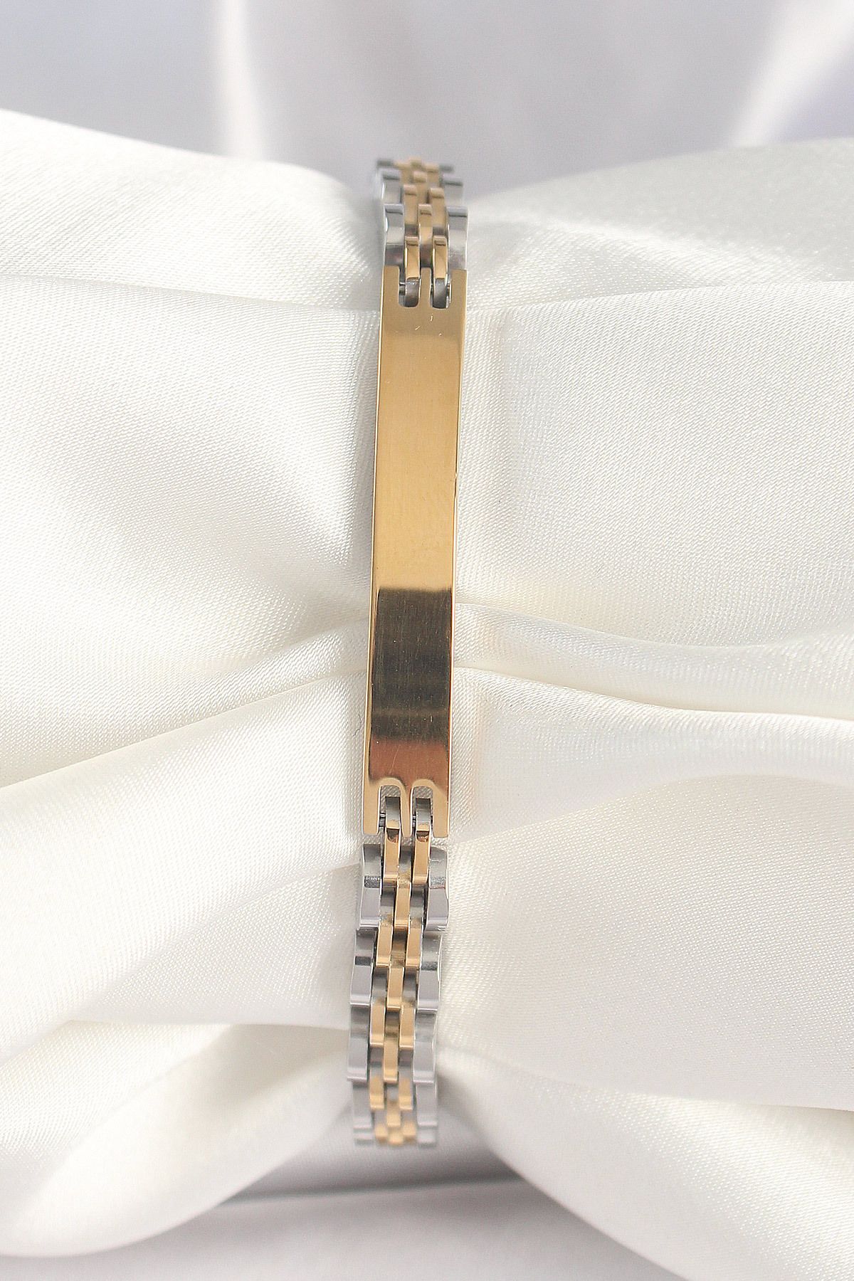 STİLLOVE 316L Çelik Gold Gümüş Renk Zincir Künye Model Erkek Bileklik SL10926