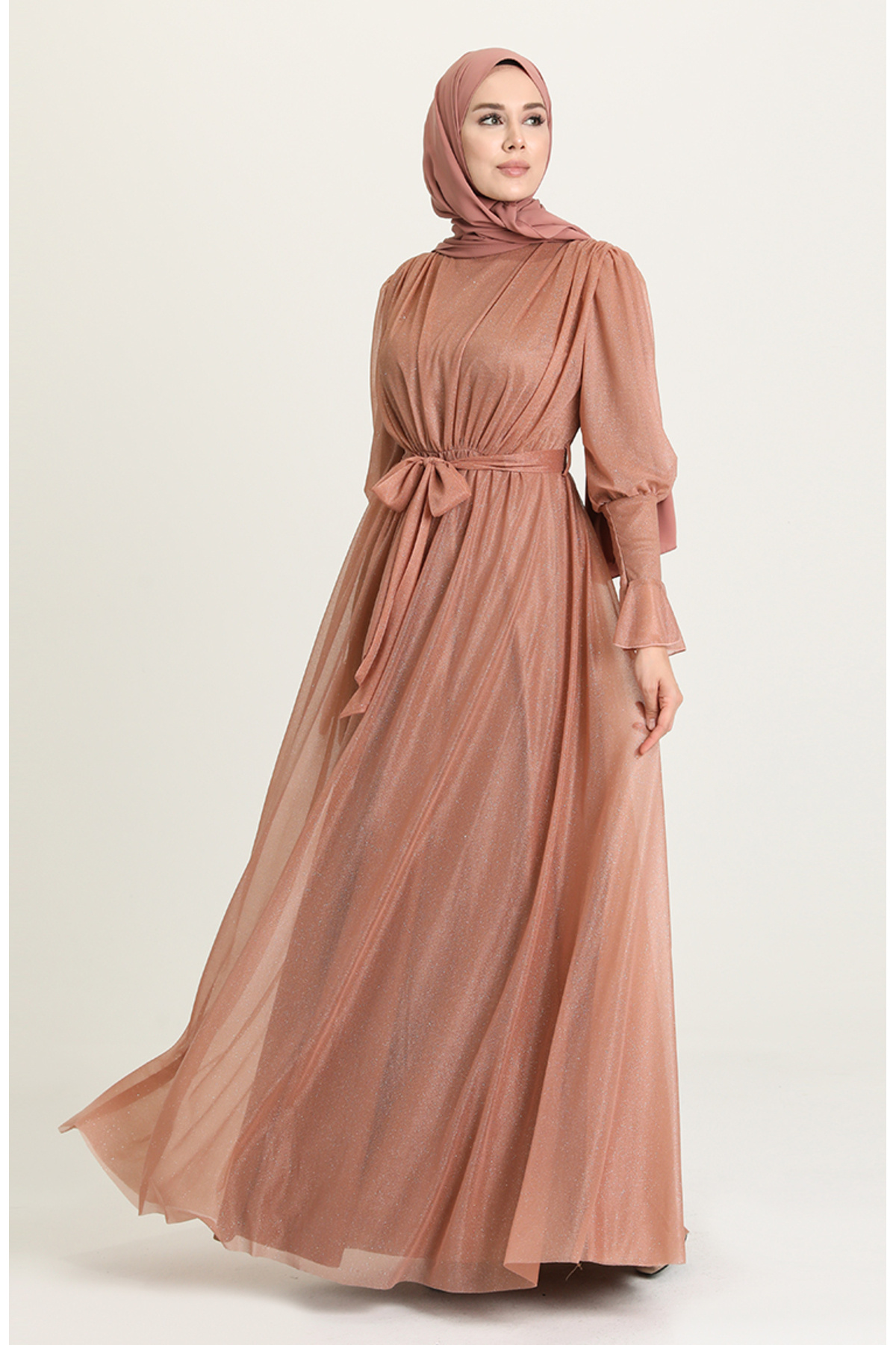 sefamerve-Onion Shell Patterned Glitter Evening Dress - 5367-18 1