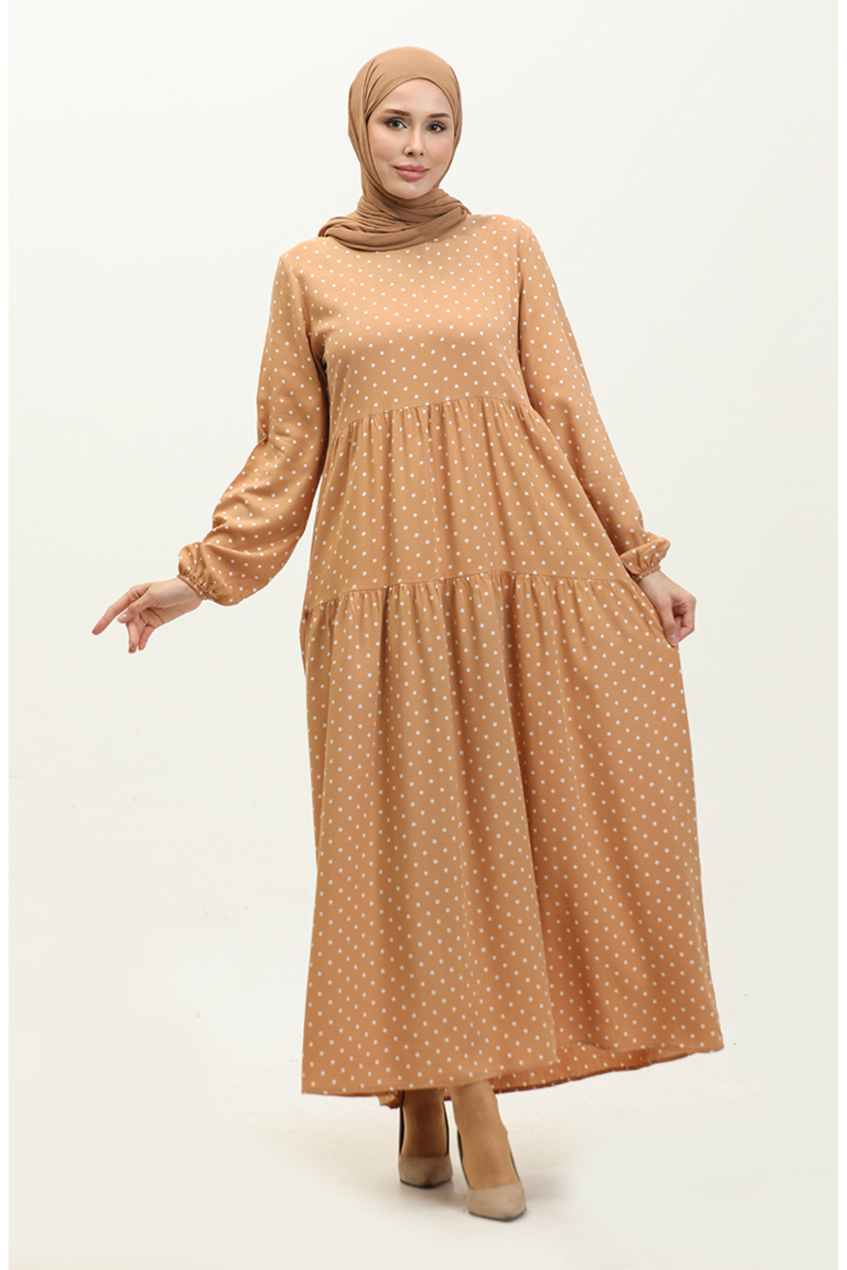 sefamerve 1997-02 Musztardowa kremowa sukienka w kropki