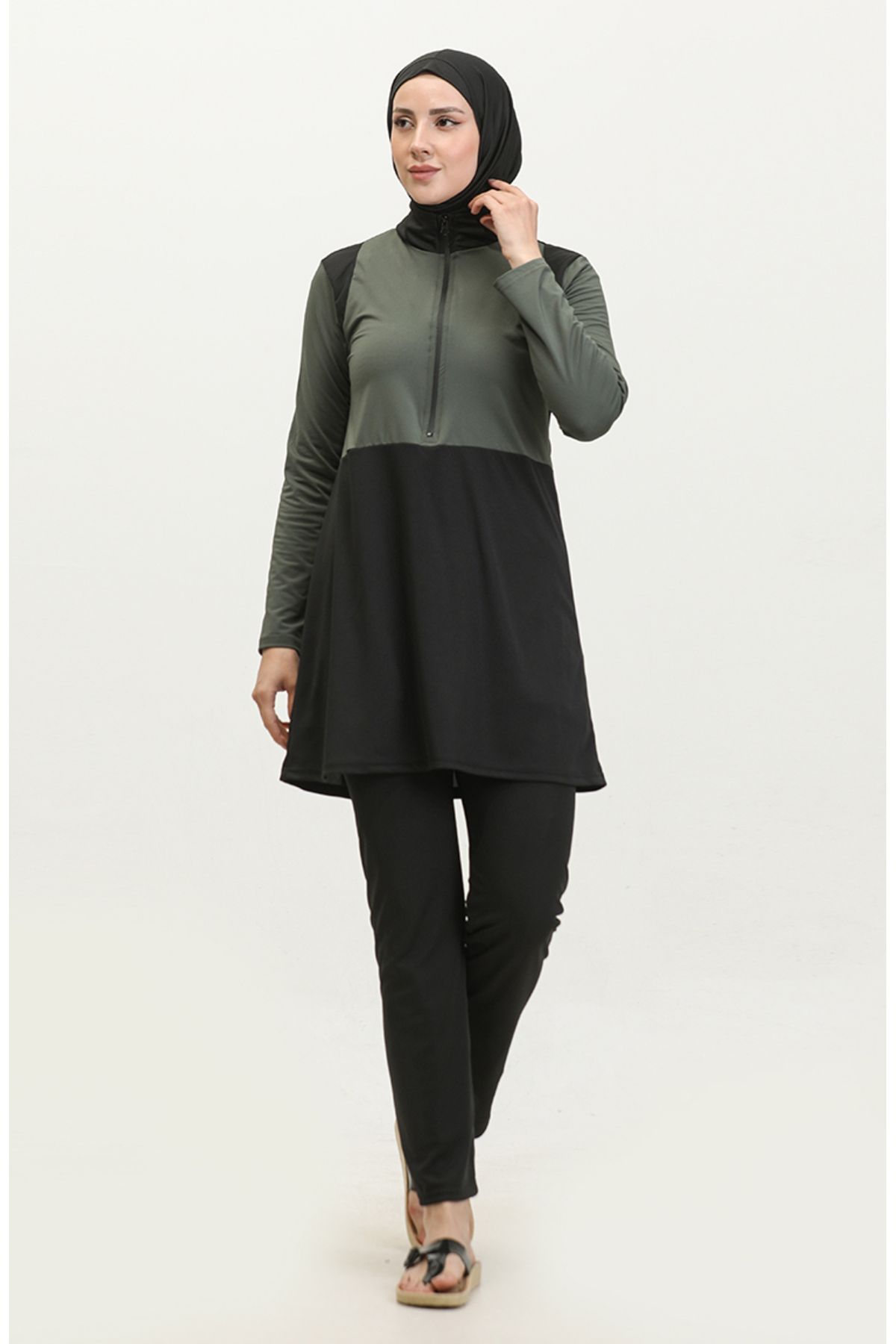 sefamerve-2317-04 Modell Khaki Schwarz Zipped Hijab Badeanzug 1