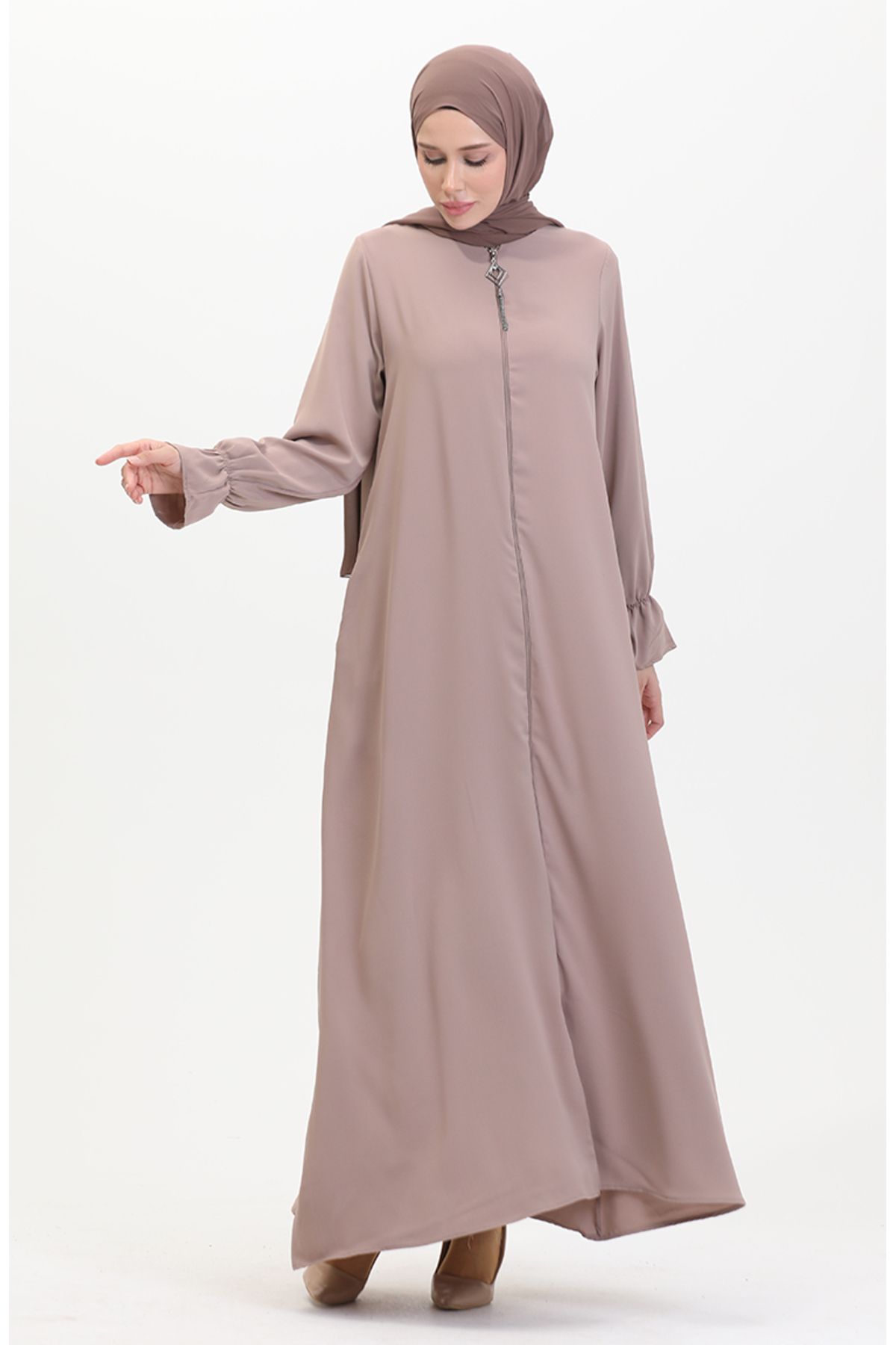 sefamerve-Mink Colored Ferace with Zipper and Elastic Arm - 0513-02 3
