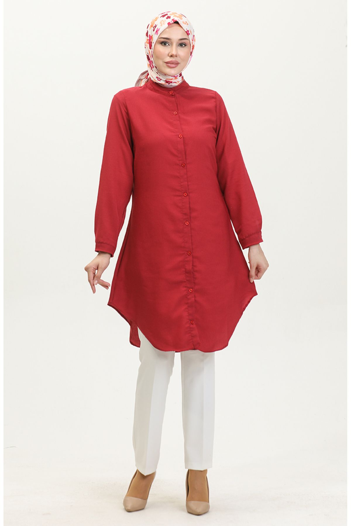 sefamerve-Claret Red Judge Collar Buttoned Tunic 6112-09 4