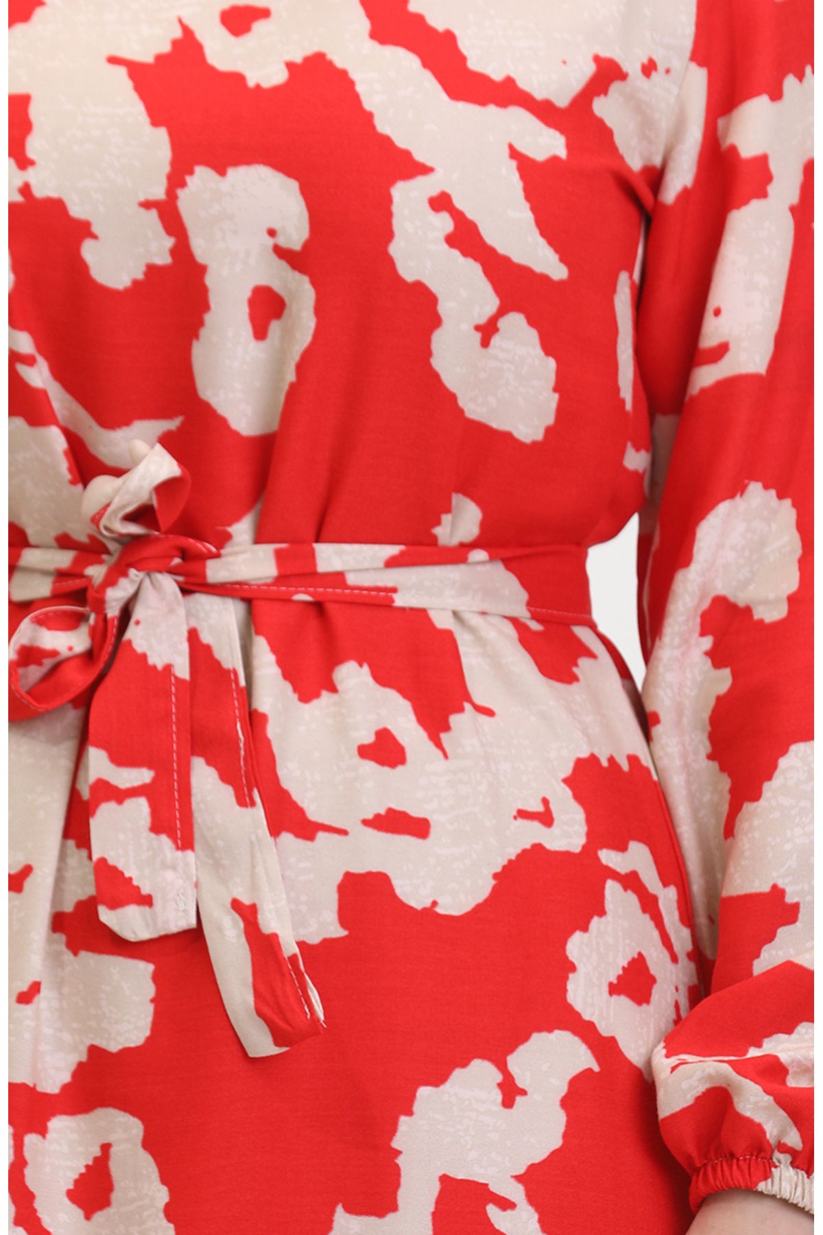 sefamerve-Rotes, gemustertes Kleid mit gerafftem Saum – 0451-07 5