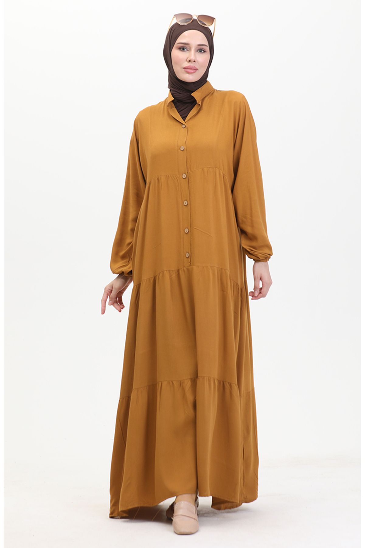 sefamerve-Tan 0463-06 Model Dress with Buttons and Elastic Sleeves 5