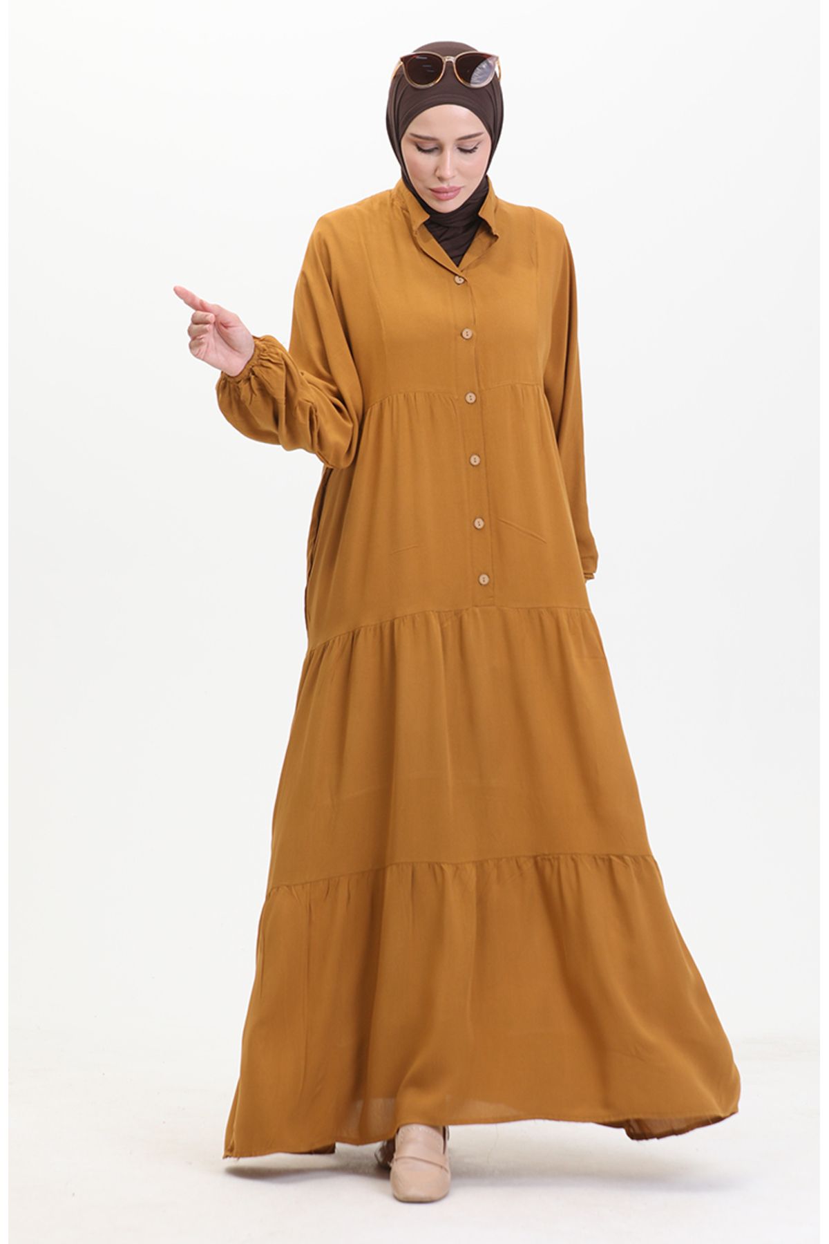 sefamerve-Tan 0463-06 Model Dress with Buttons and Elastic Sleeves 4