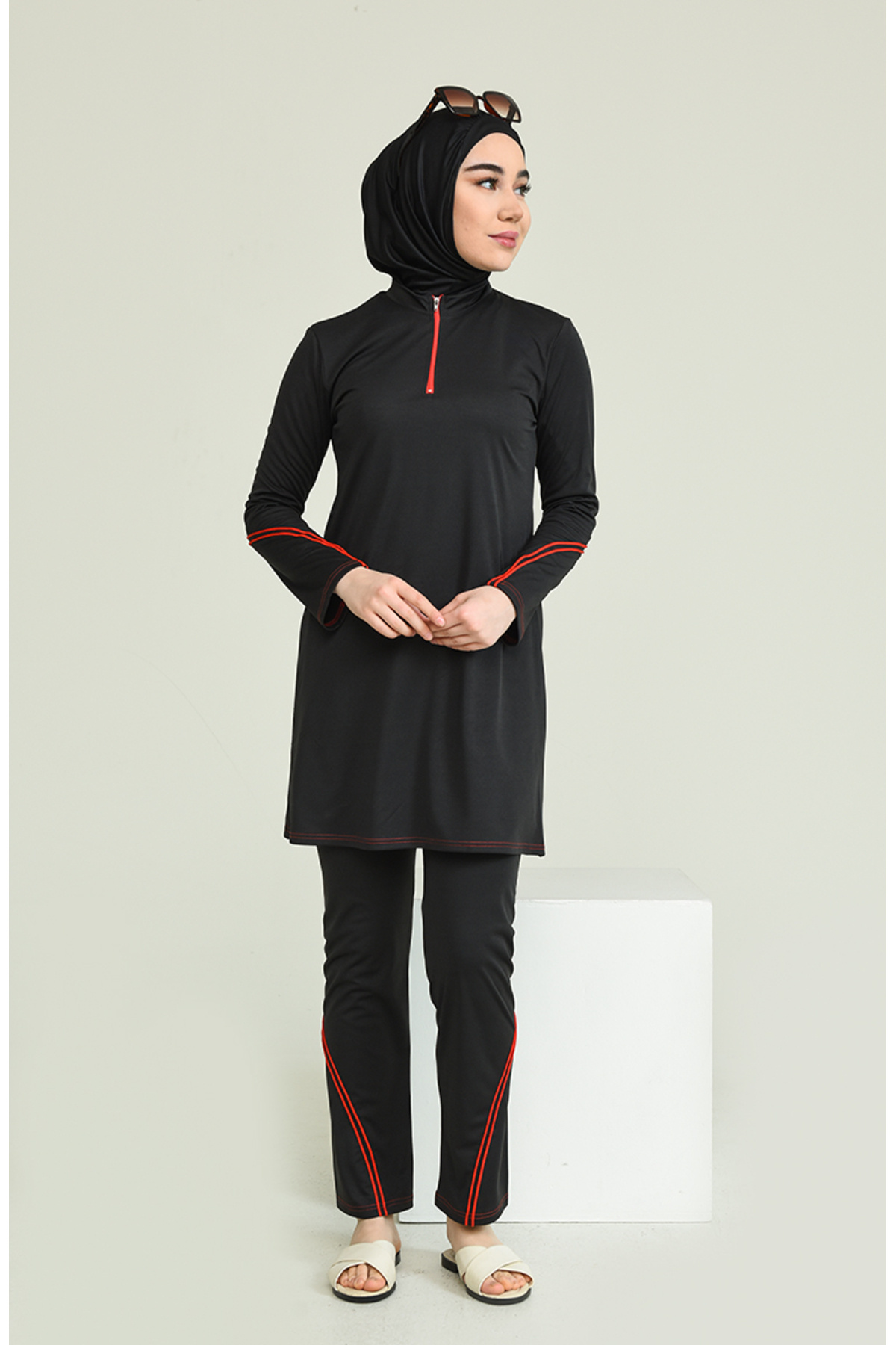 sefamerve-Schwarzer Hijab-Badeanzug – Reißverschluss, Modell 2212-02 2