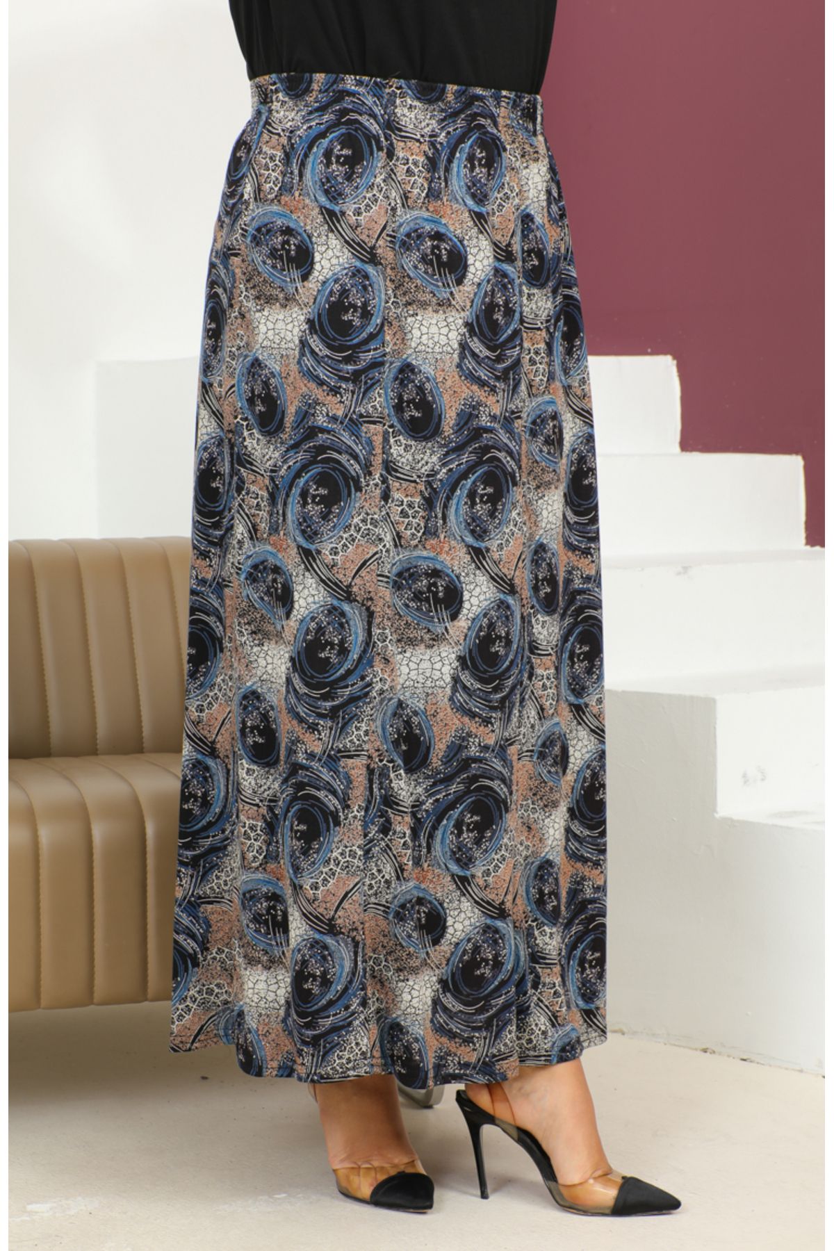 sefamerve-Blue Patterned Large Size Elastic Skirt - 2830-02 2