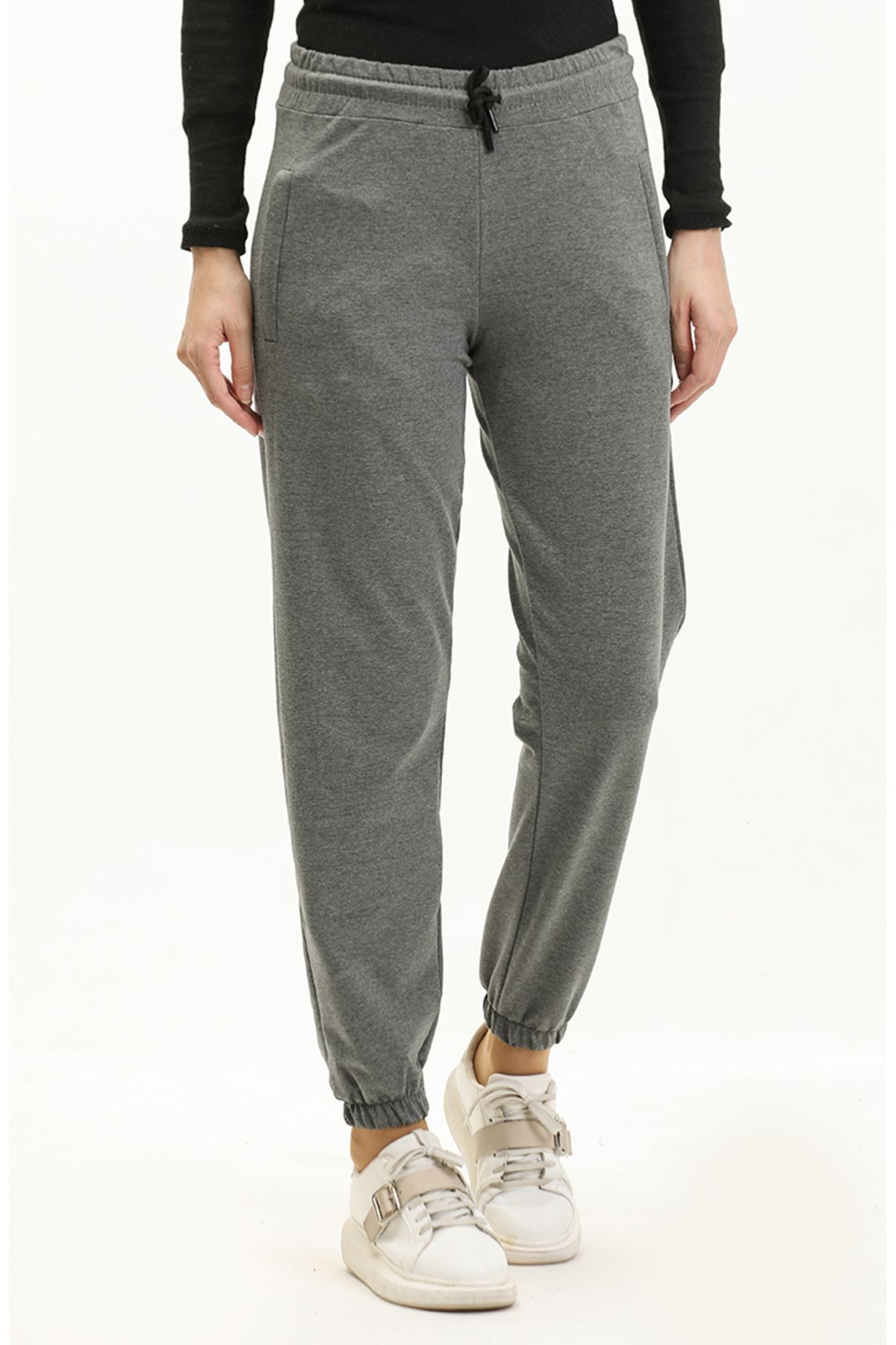 sefamerve Pantaloni De Sport Jogger Gri - Cu Fermoar Și Buzunare 23015-04 Femeie - 44